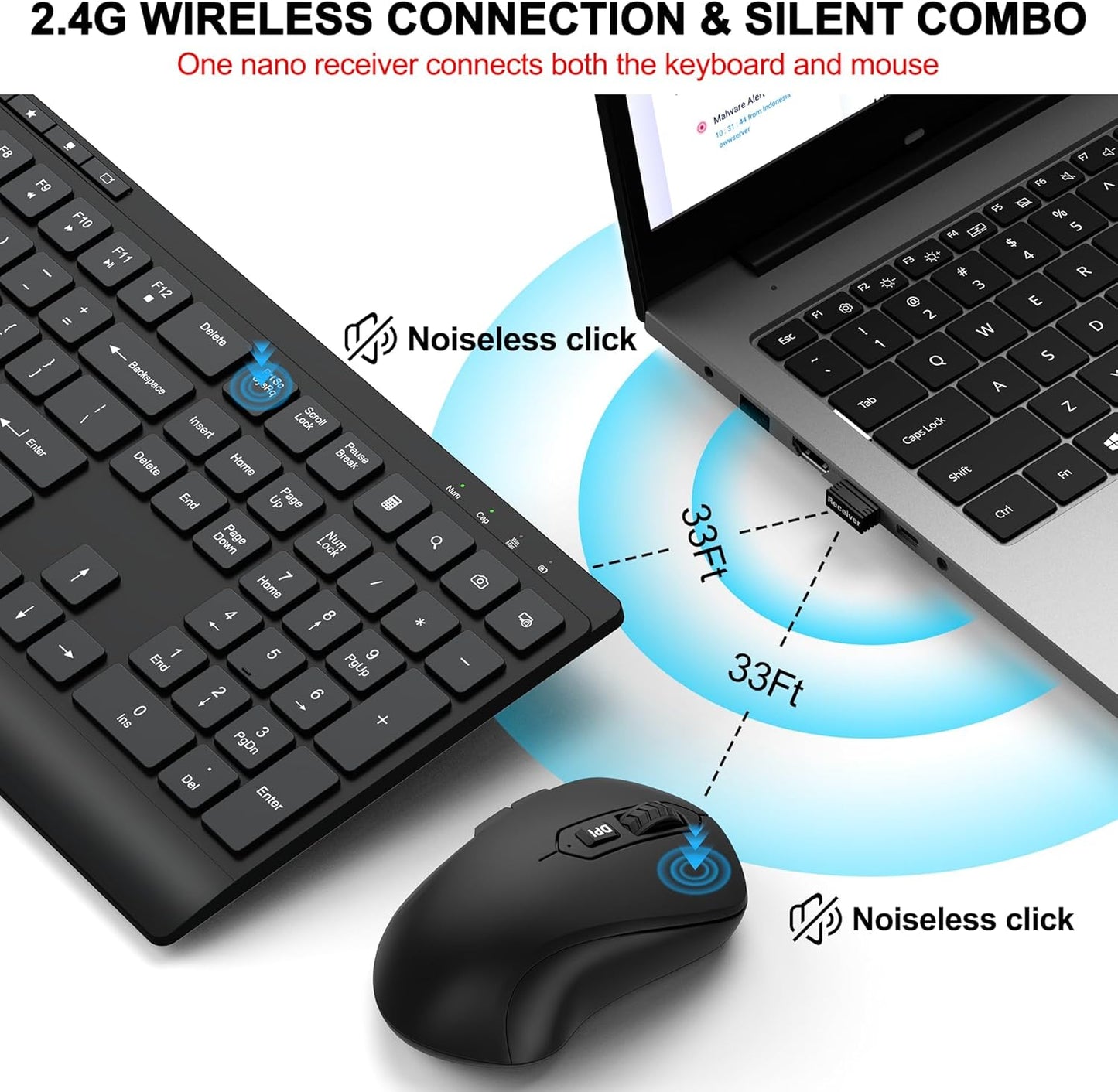 EDJO 3 2.4G Wireless Keyboard and Mouse Combo, Full Size Quiet Key Computer Keyboard and Cordless Mice with DPI