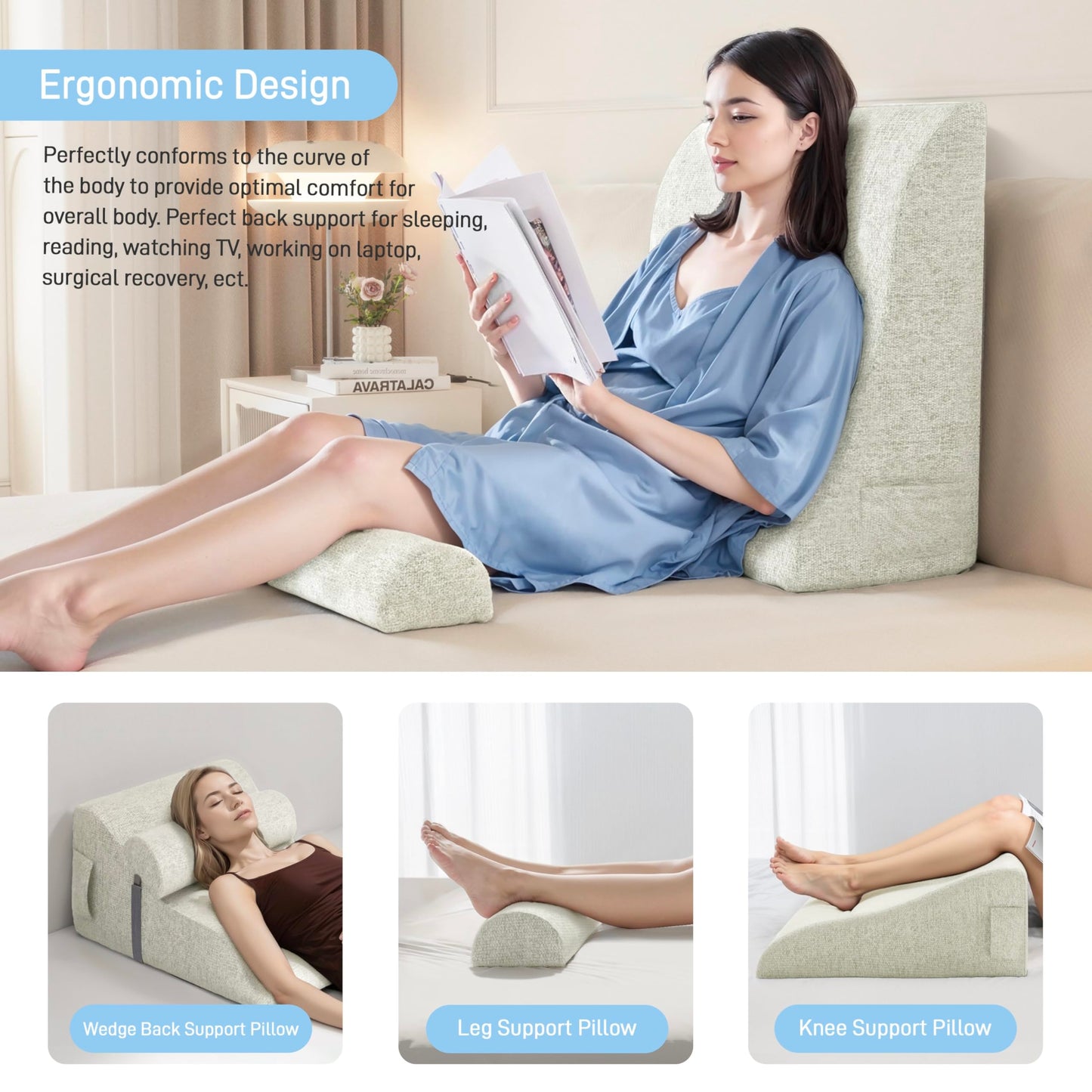 strusery Wedge Pillow for Sitting in Bed – Ergonomic Backrest Cushion, Acid Reflux & GERD Relief, Adjustable Support for Neck/Leg Pain (Polyester-White)