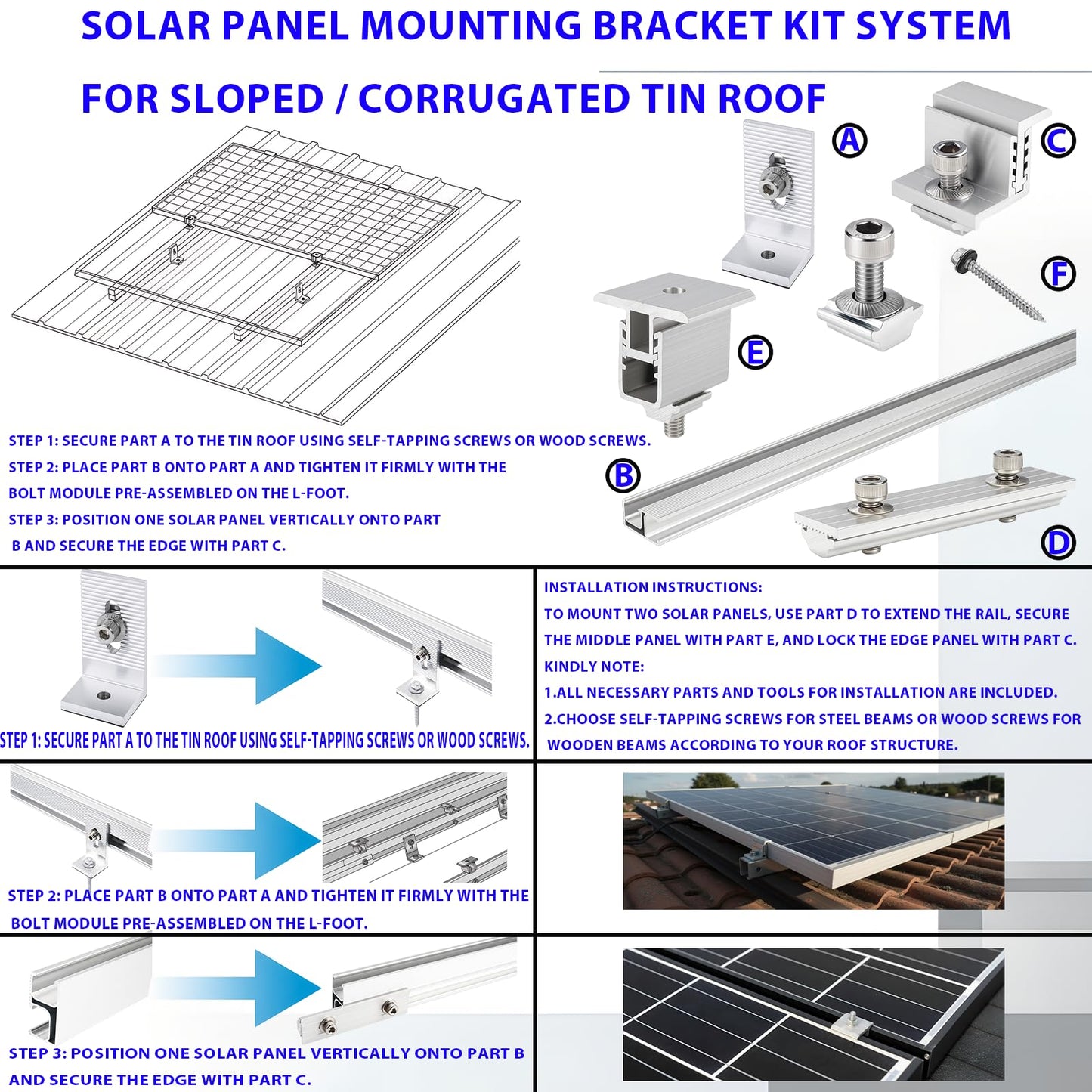 Mindoub Solar Panel Mounting Rail Kit for 7 x 320W Panels, Includes 12 x 47.2 Aluminum Rails, Adjustable Clamps, L-Brackets & Wire Clips, Heavy Duty Racking for Metal, Tile, Shingle Roof