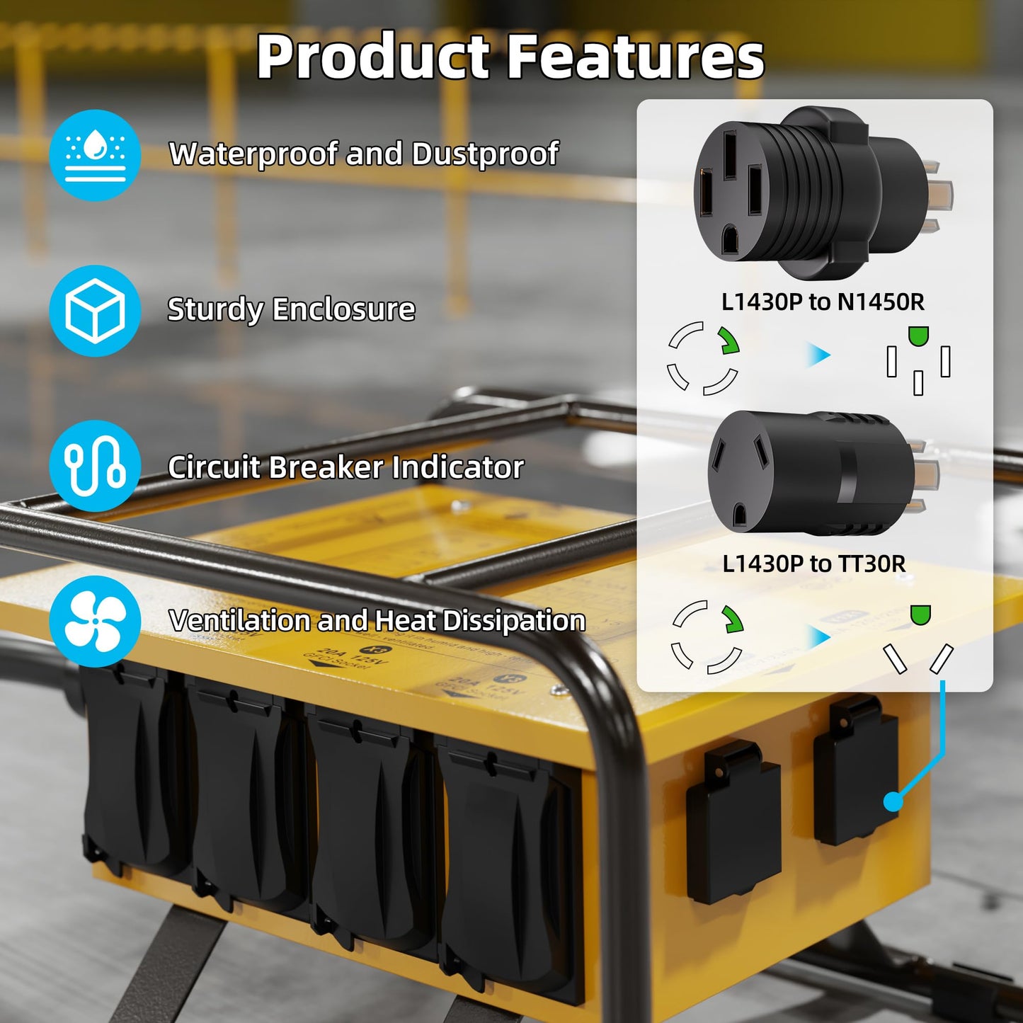 Joinfworld Power Distribution Box,50A 125V/250V NEMA SS2-50 CS6375 Inlet, 30A Circuit Breaker, Individually Controllable Sockets, Heavy - Duty Waterproof Enclosure with Cooling Fan