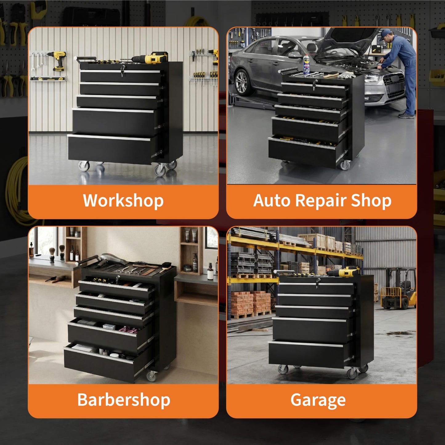 Garvee Rolling Tool Chest, 5 Drawers Tool Storage Cabinet, Toolbox with Wheels, Portable Tool Cabinet Organizer with Locking System & Drawer Liners, Tool Storage Cart for Garage, Workshop, Black