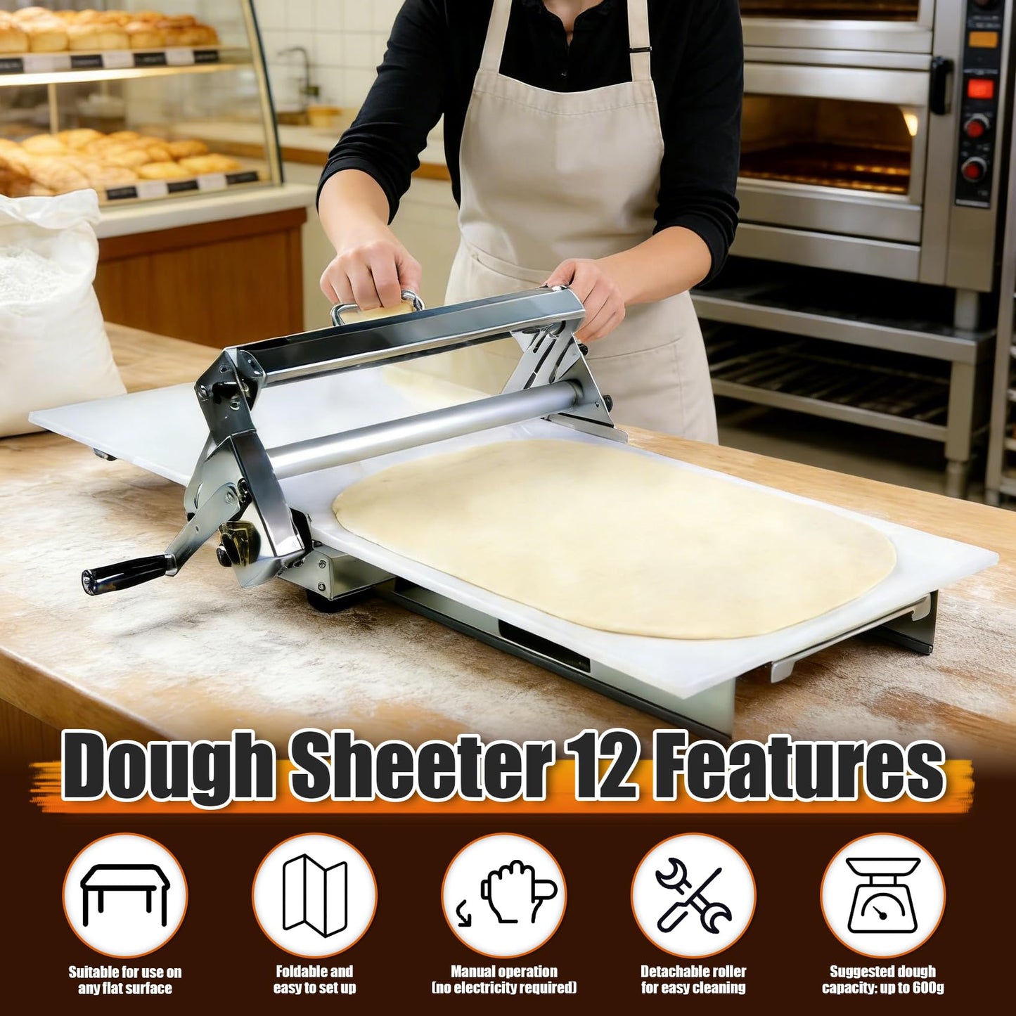 Folding Dough Sheeter (12")，Folding Dough Rolling Machine，Manual Dough Sheeter，Dough Sheeter Machine For Home，Stainless Steel Dough Machine With 55 Adjustable Thicknesses,(1 Scrolling Panel)