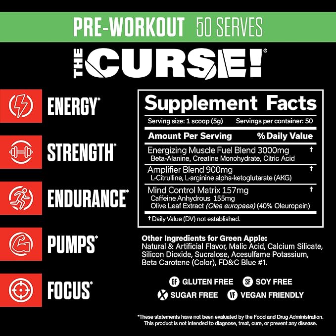 JNX SPORTS The Curse! Pre Workout Powder for Men & Women, Caffeine, Beta-Alanine, Creatine, L-Citrulline, 50 Servings, Green Apple Flavor ??Boost Energy, Strength & Focus