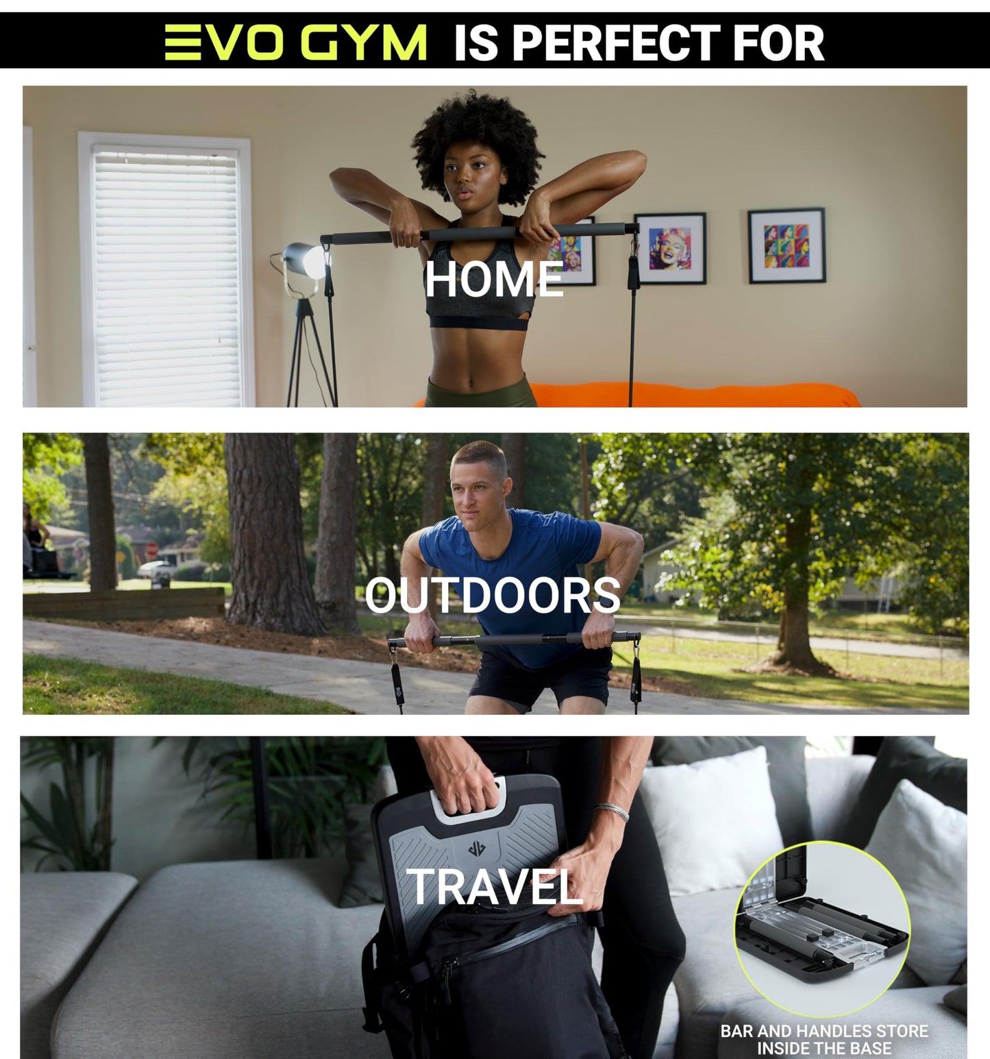 EVO Gym - Portable Home Gym Strength Training Equipment, At Home Gym | All in One Gym - 8 Resistance Bands, Base Holds Gym Bar & Handles for Travel | Portable Gym & Home Exercise Equipment | 220LBS
