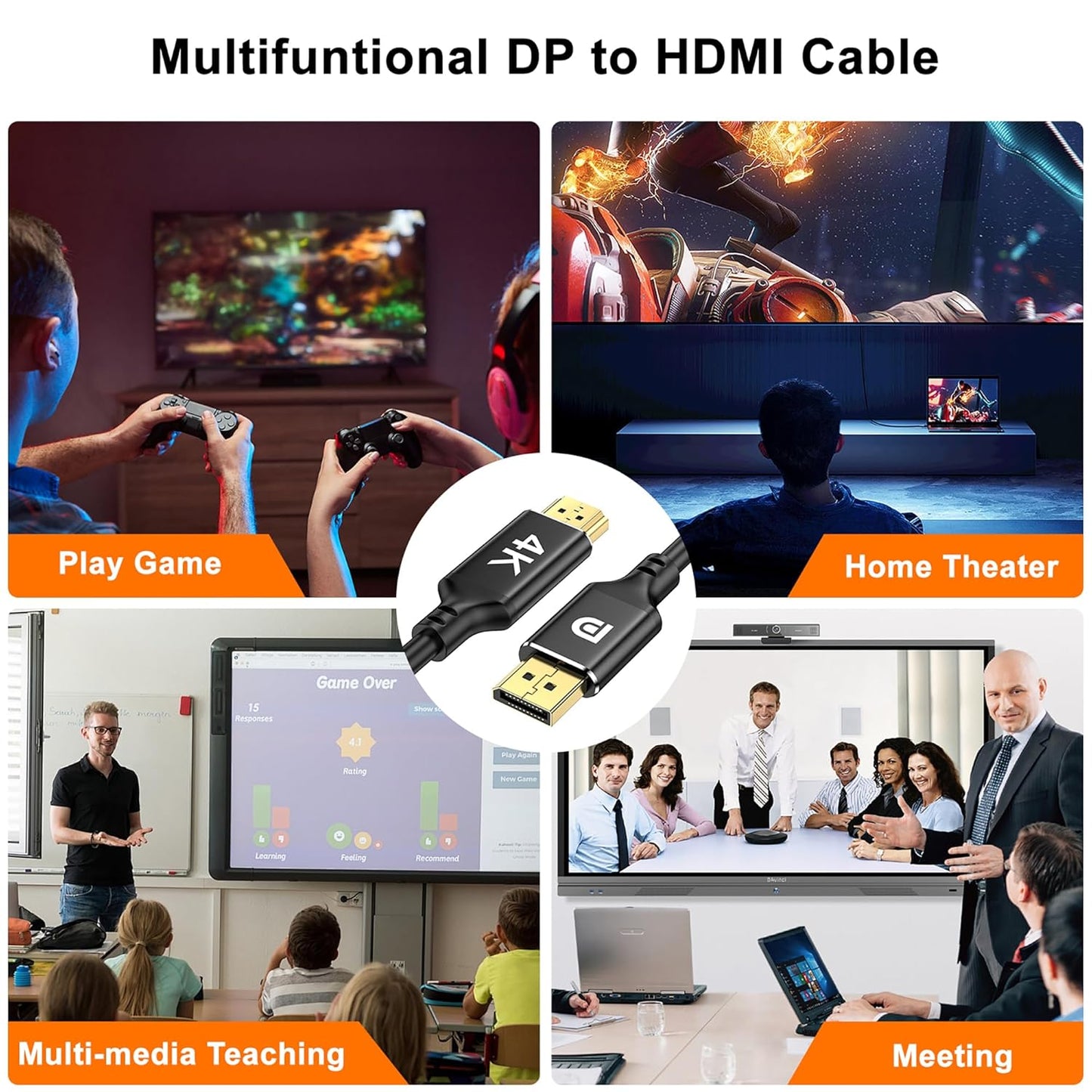 kanmis 4K 3FT, 4K@30Hz, 2K@60Hz, 1080P 1.2 1.4 DisplayPort to HDMI Cable Full HD, Uni-Directional DP Computer to HDMI