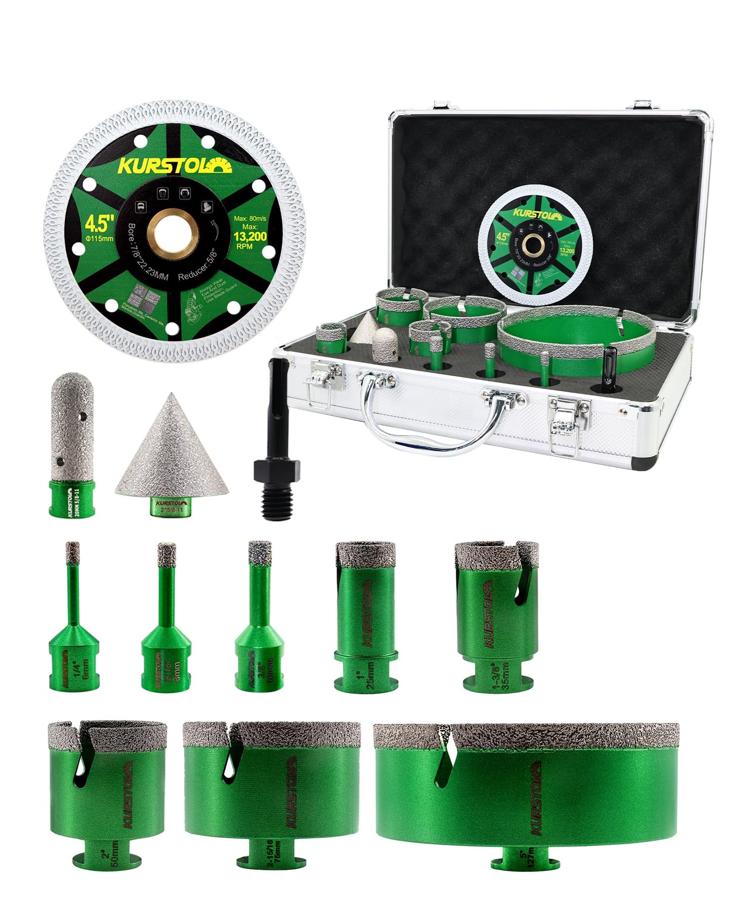 Tile Hole Saw Kit 12pcs - KURSTOL Diamond Core Drill Bits 6/8/10/25/35/50/75/127MM+4/5'' Finger Bit+2'' Chamfer Bit+4-1/2'' Saw Blade+SDS for Tile Porcelain Ceramic Granite Marble