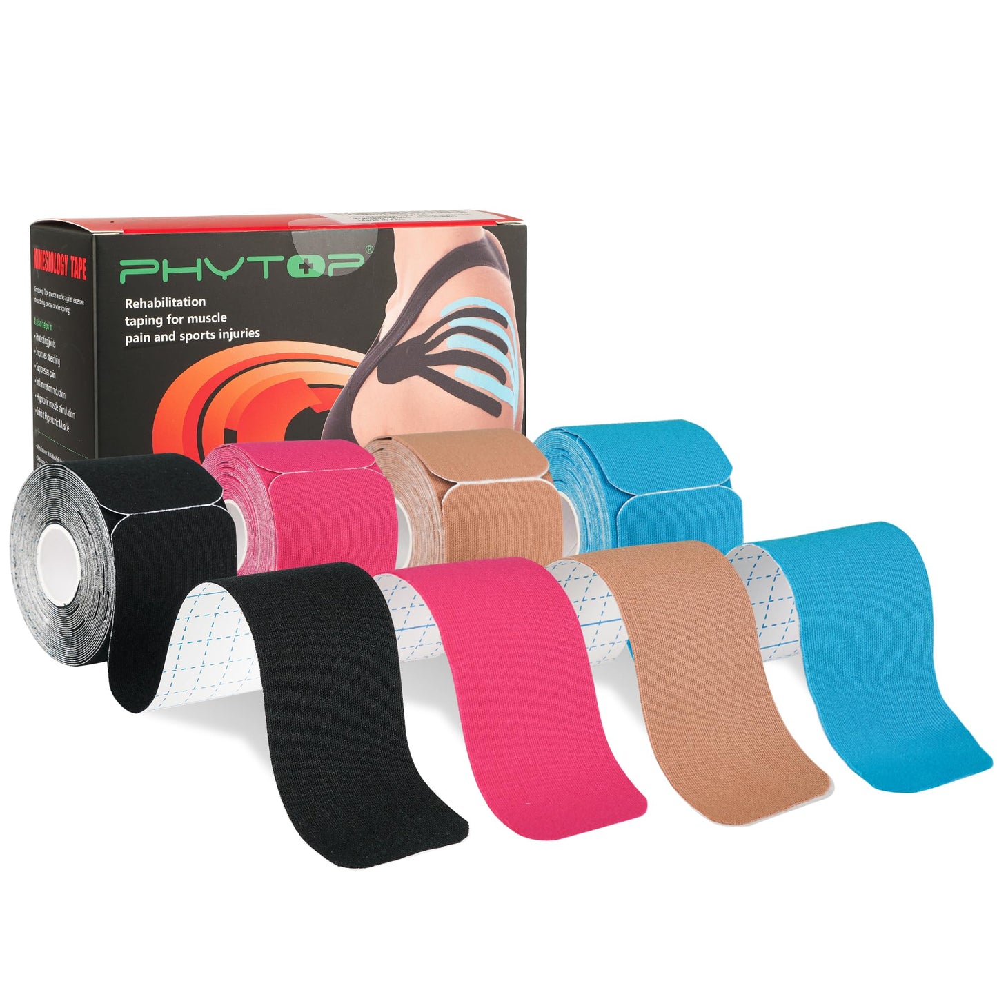 PHYTOP Kinesiology Tape - 80 Precut Strips (10" x 2") | Hypoallergenic, Latex-Free | Mixed Colors Athletic Tape for Muscle & Joint Support, Sports & Physical Therapy