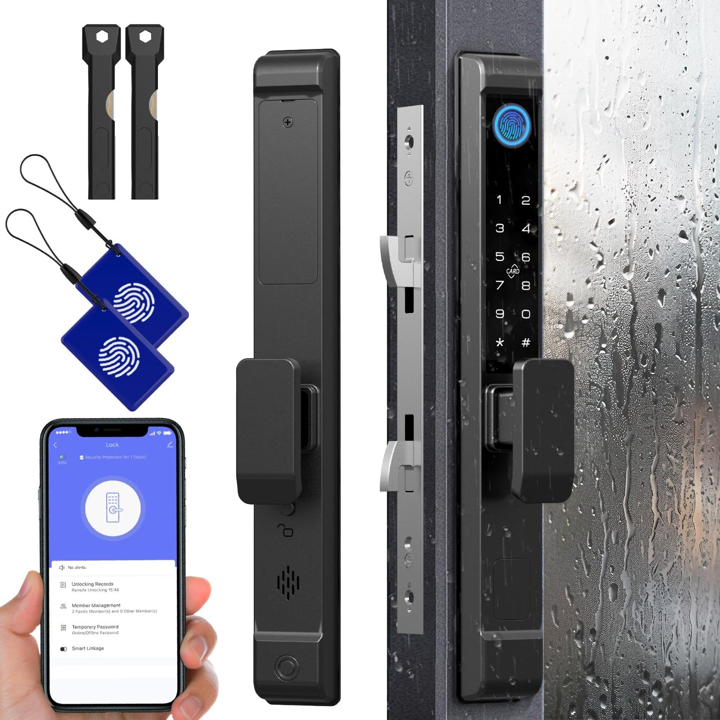 Sliding Glass Door Lock, Eseesmart Sliding Door Smart Lock with Fingerprint Code Keypad RFID Card Bluetooth App Key, Electronic Digital Biometric Keyless Entry Patio Door Lock with Handle