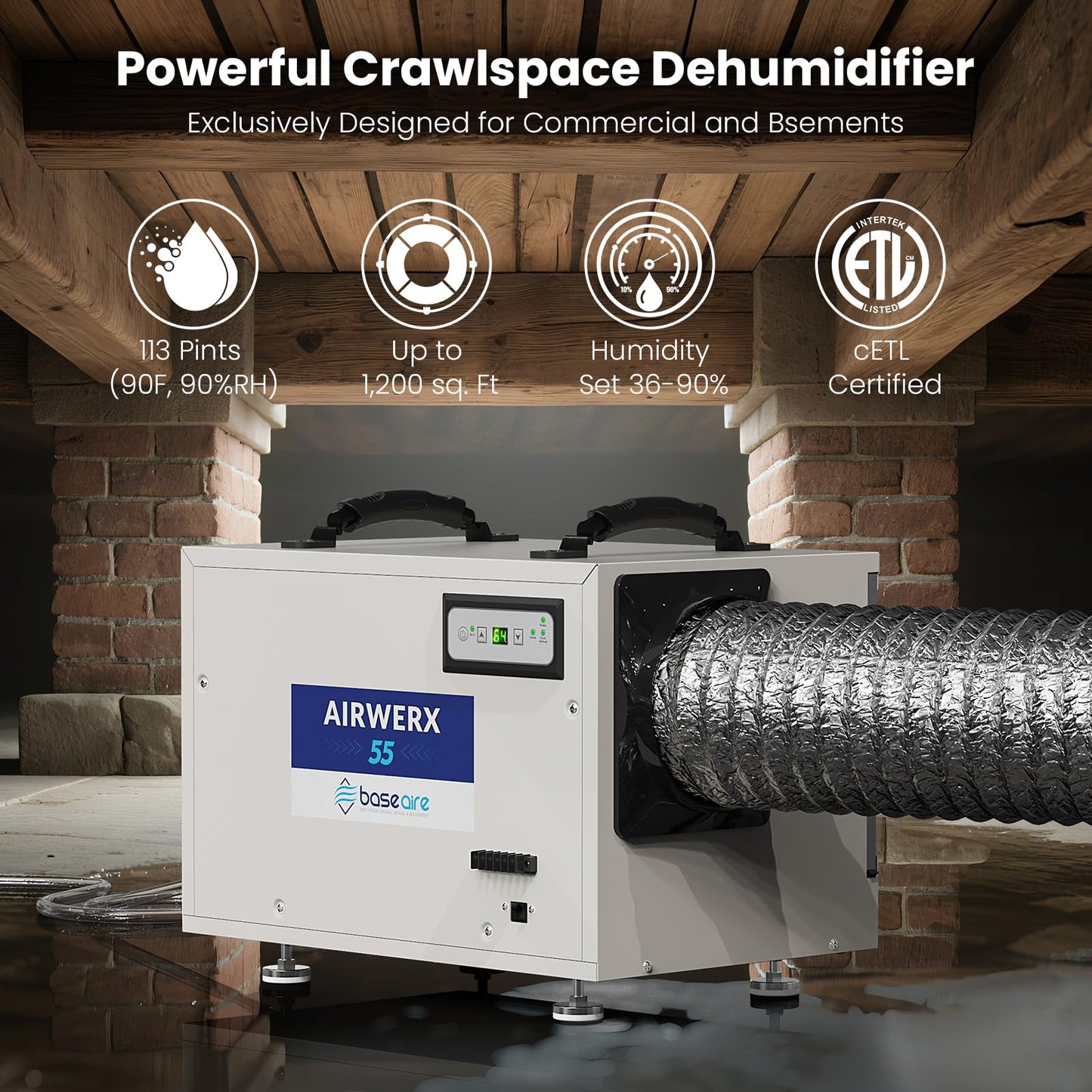 BaseAire Crawl Space Dehumidifier,113 Pint Dehumidifiers with Drain Hose for Basement, Commercial, Industrial, Portable, Auto Defrost, Memory Starting