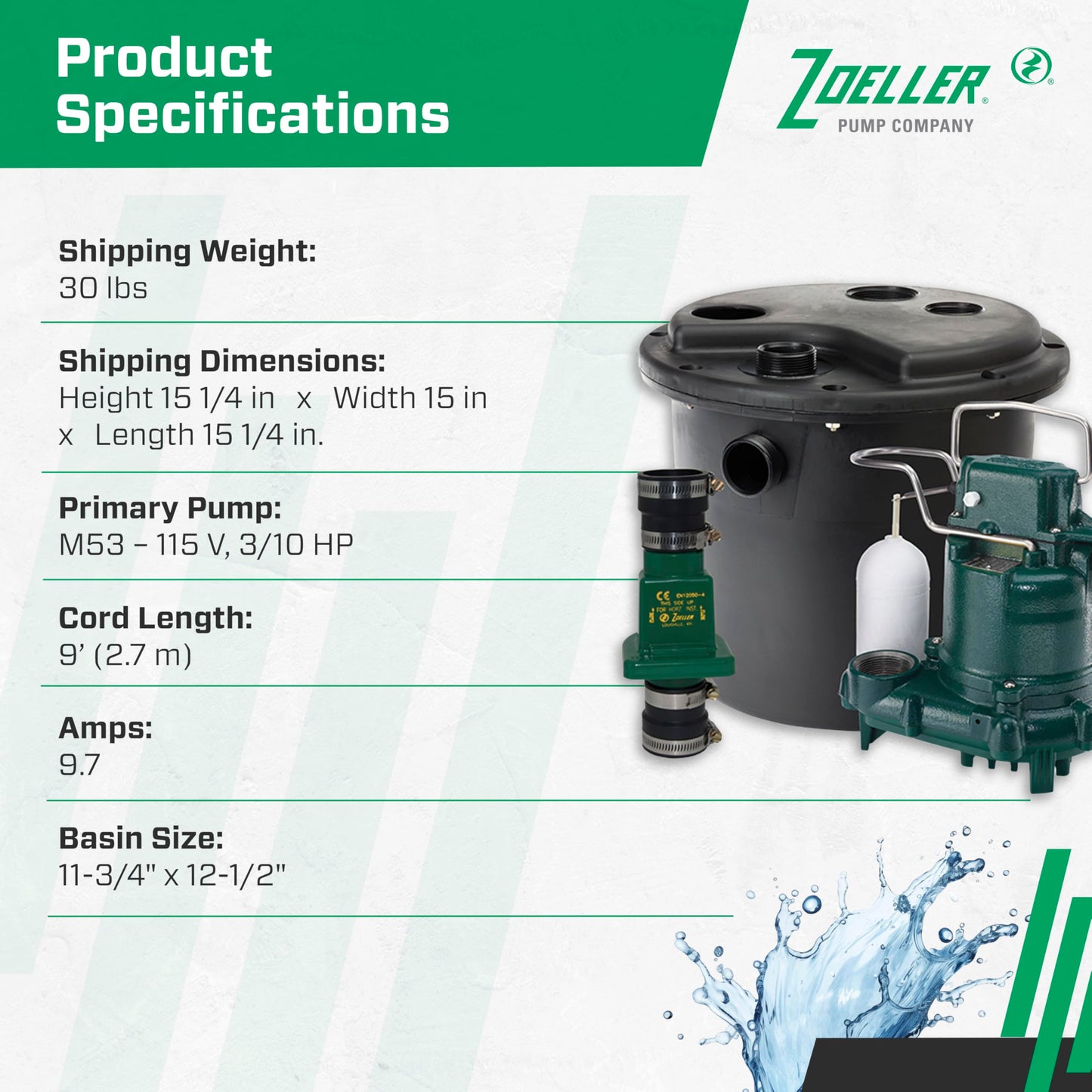 Zoeller 105-001 Automatic Drain Pump System - With 3/10HP Submersible Sump Pump M53 - Utility Pump Ideal for Basements, Wet Bars, Utility Sinks, Dishwashers & Ice Machines - 115V