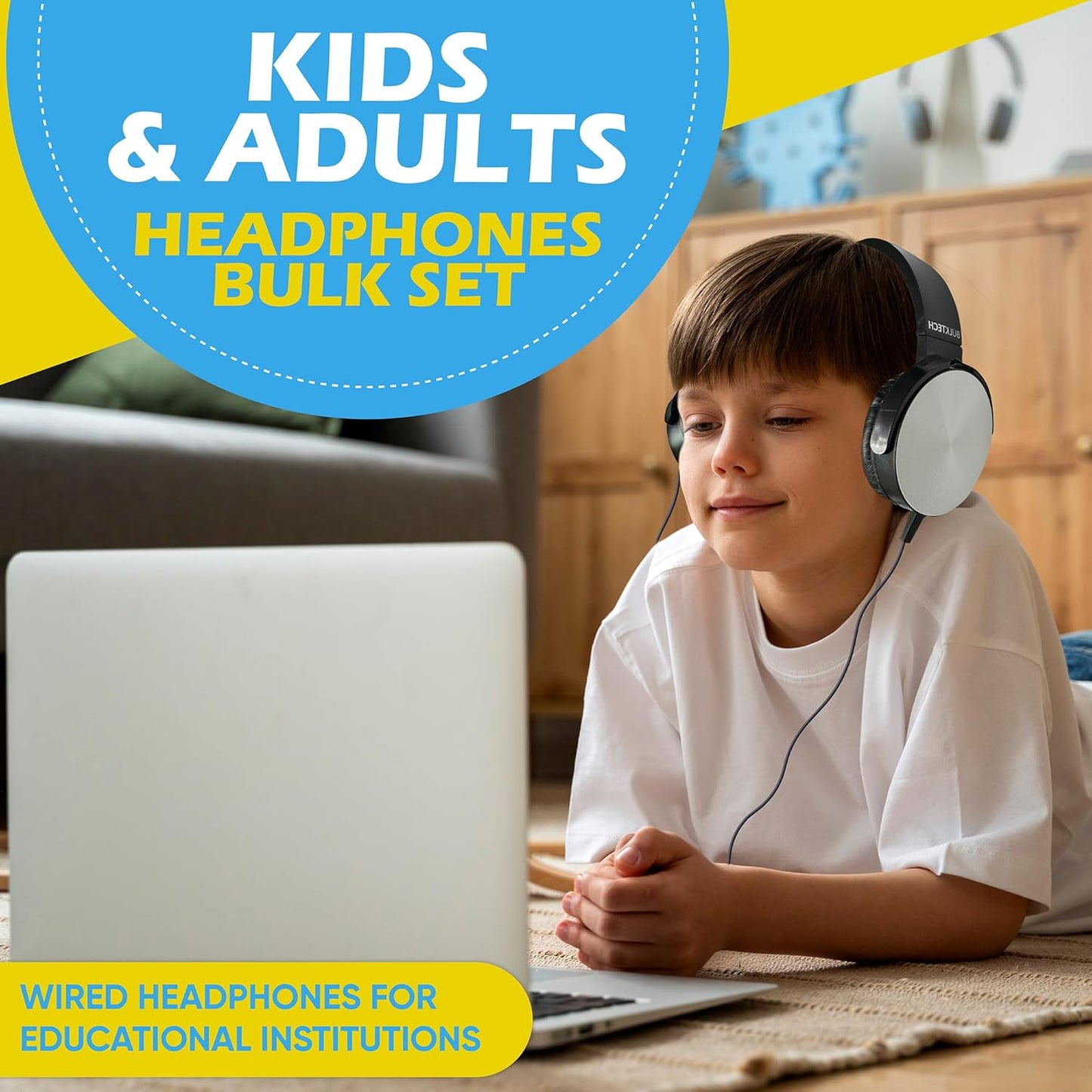 1 Pack 3.5mm Wired On-Ear Leather Headphones with Connector, Round Metal Housing, Black