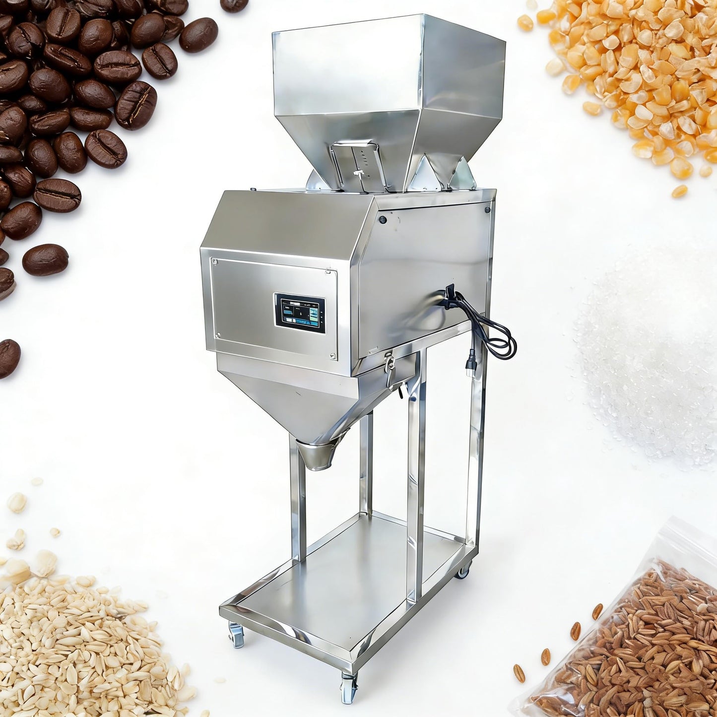 TECHTONGDA Powder Filling Machine Bag Filler 10-5000g Automatic Particle Weighing Filling Machine Stainless Steel Food Dispenser for Coffee Bean Tea Seeds Peanuts Cashews Soya 8-15 bags/min