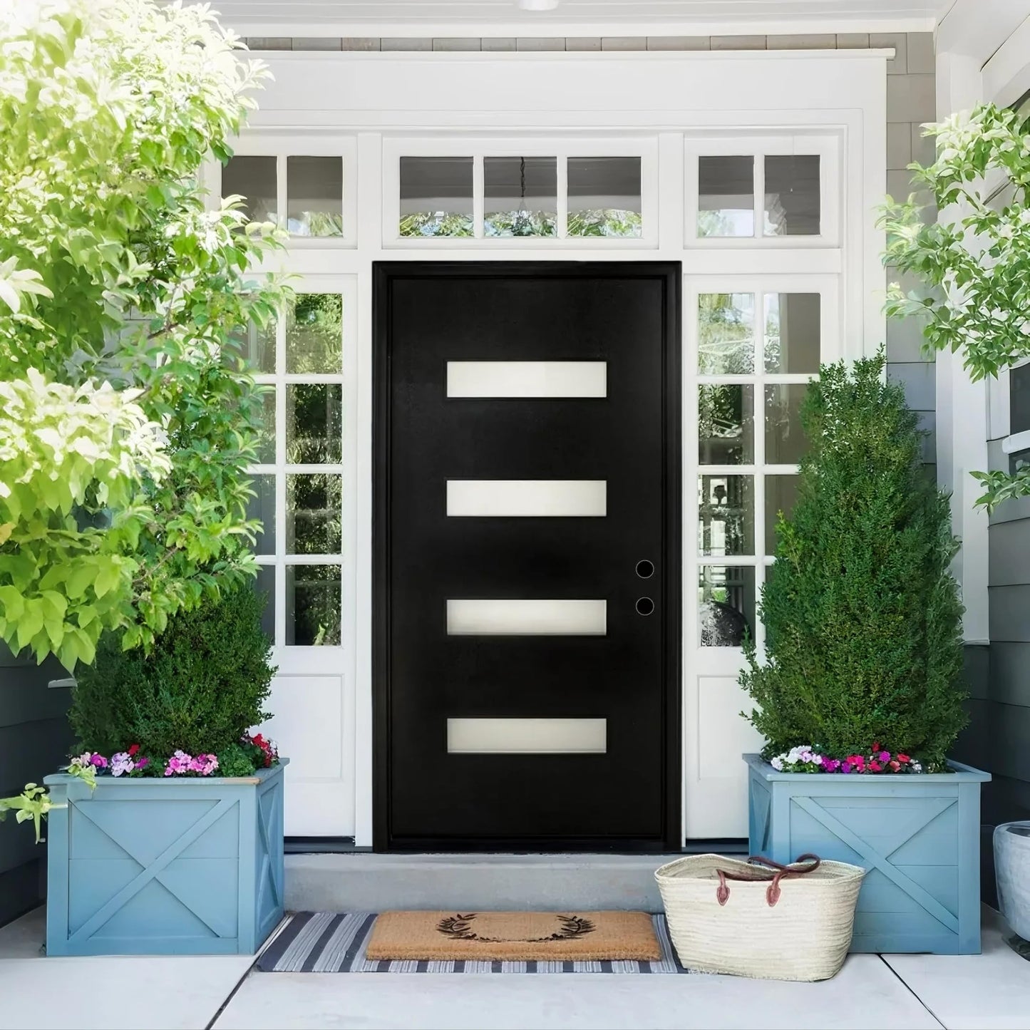 Fiberglass Entry Door Left Hand Inswing, 36 x 80, 4 Lite Frosted Glass 4-9/16 in. Vinyl Frame, Contemporary Style for Home's Front Entrance, Black Finished Knock-Down Entry Door