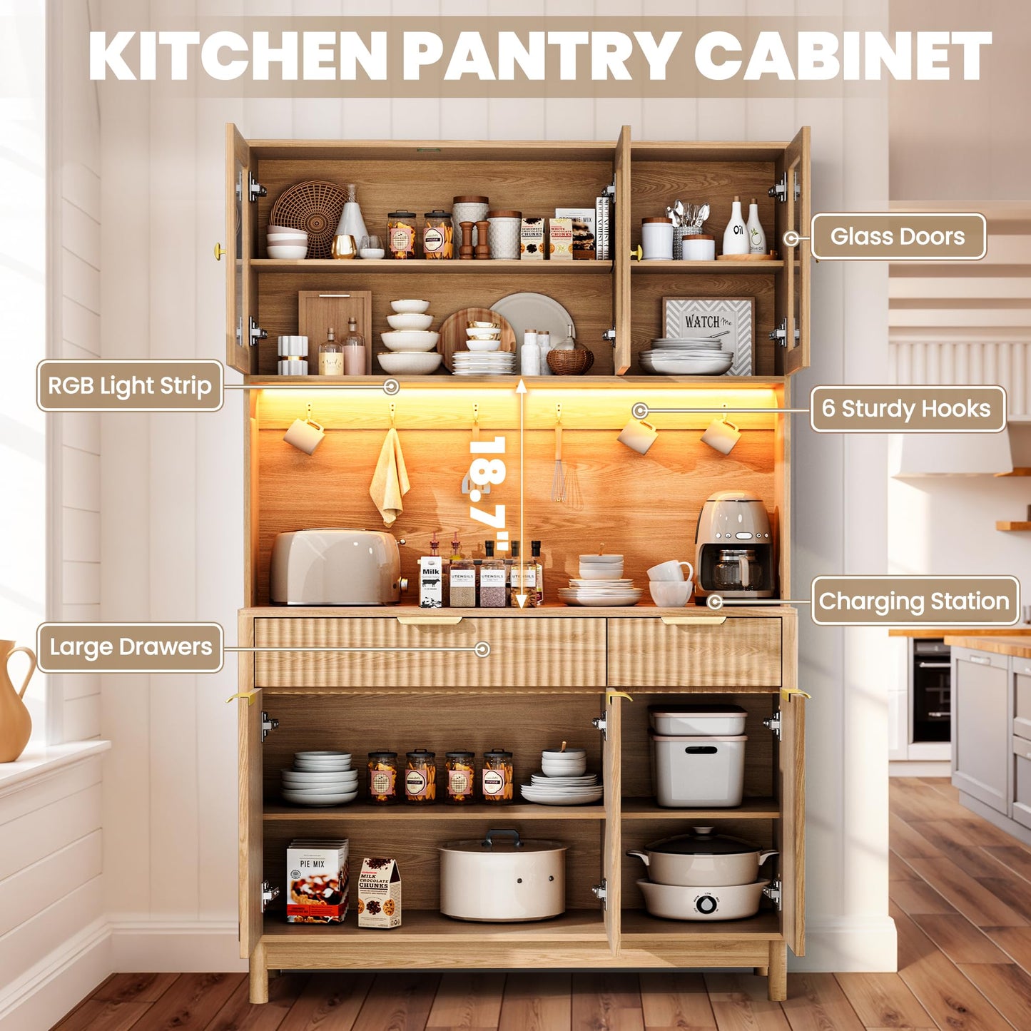 Fkhouse 71'' Fluted Kitchen Pantry Cabinet with Power Outlet & LED Light, Food Kitchen Hutch with Countertop, Wood Pantry Storage Cabinet with a Drawer & Shelves for Living Room, Dining Room, Natural