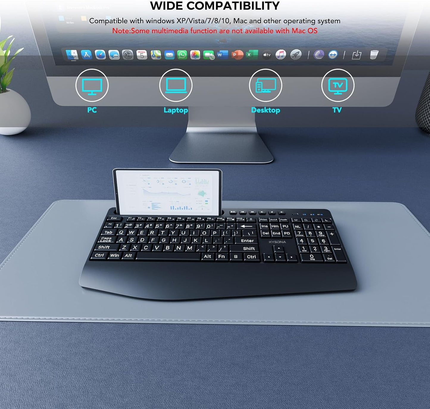 KYSONA 2.4G Large Print Wireless Keyboard, Full Size Cordless Computer Keyboard with Phone Holder, Palm Rest, Ergonomic