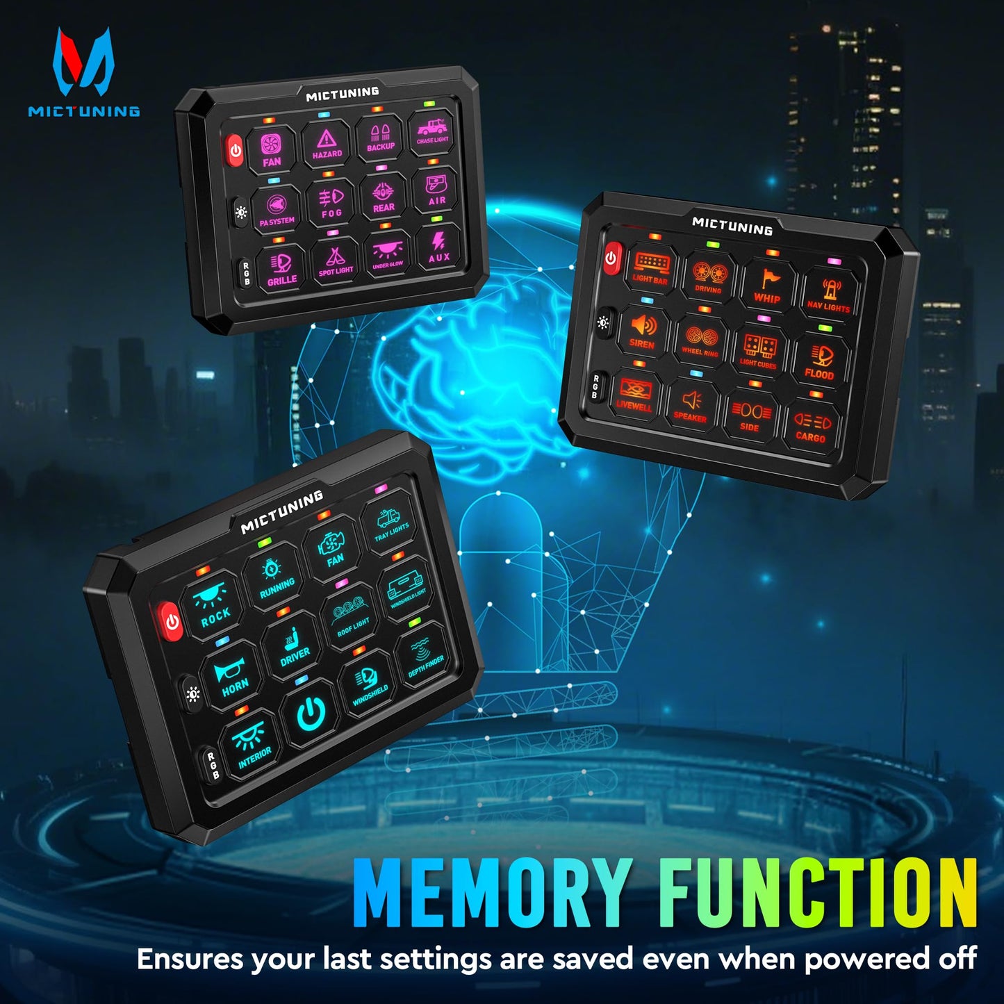 MICTUNING P1C+ RGB 12 Gang Switch Panel, IP67 Waterproof 6 Level Brightness Multifunction Toggle Momentary Flash Strobe Circuit Control Relay System Box for Off Road Truck SUV UTV RV