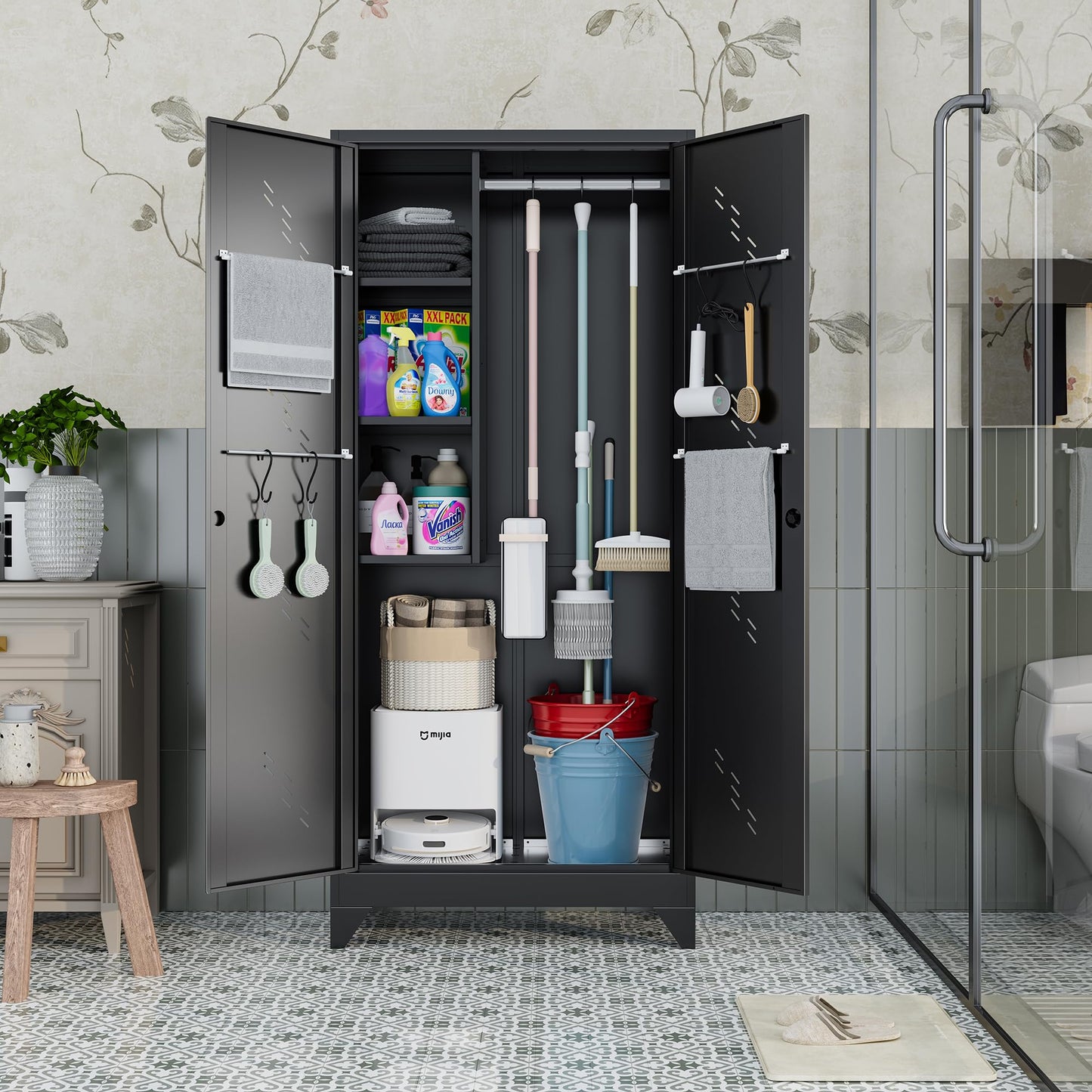LyAosdFu Metal Storage Cabinet, 75" Cleaning Tool Cabinet with Locking Door, Tall Storage Sheds Tool Organizer, Large Broom Cabinet for Bathroom, Laundry Room, Kitchen, Pantry, and Humid Environments