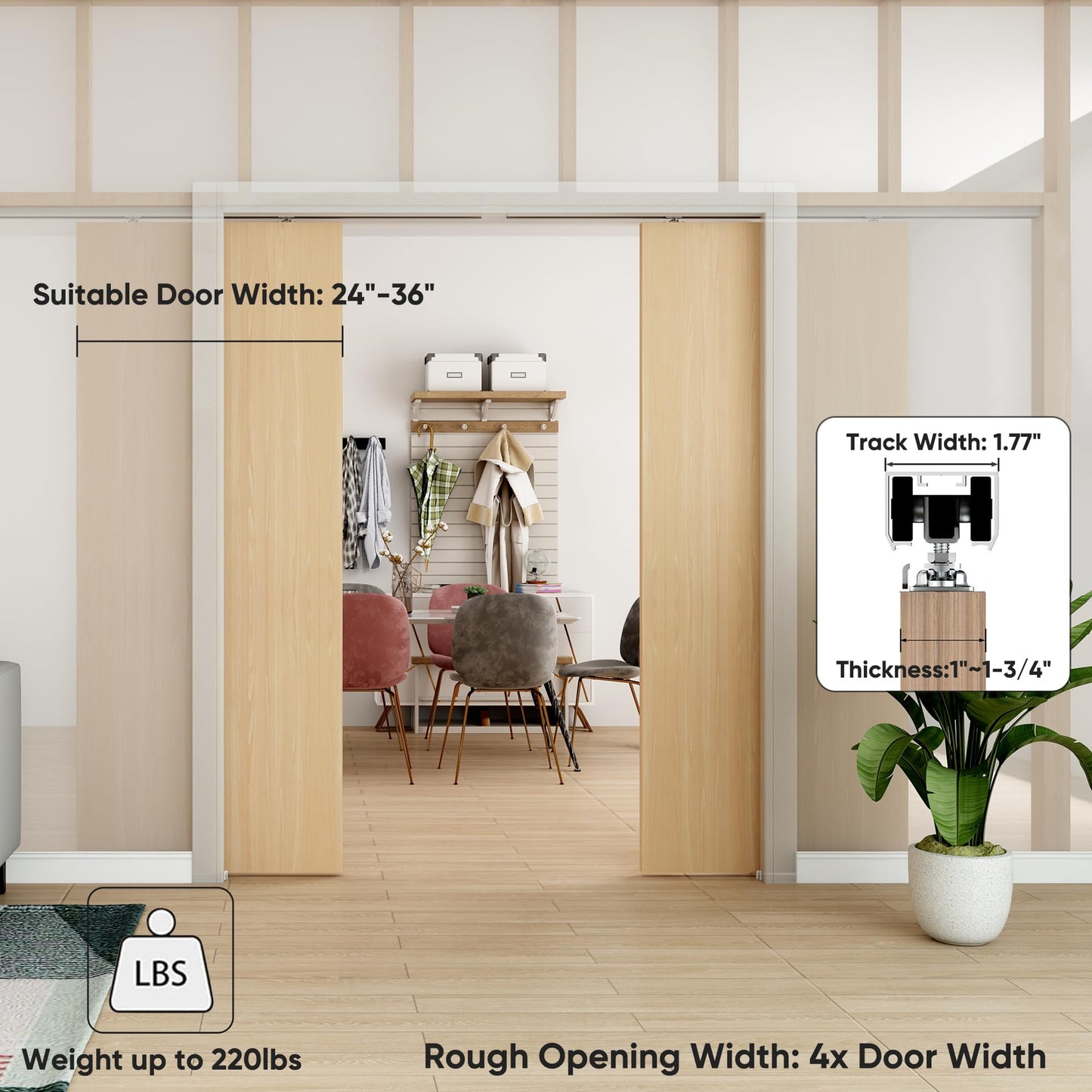 BarnBase 12FT Double Pocket Door Track Kit, 2 Sets of 68.7" Spliced Rail, Suitable for Double Door Width 48"-72"(Single Panel 24"-36"), Slide Quietly and Smoothly, Easy to Install