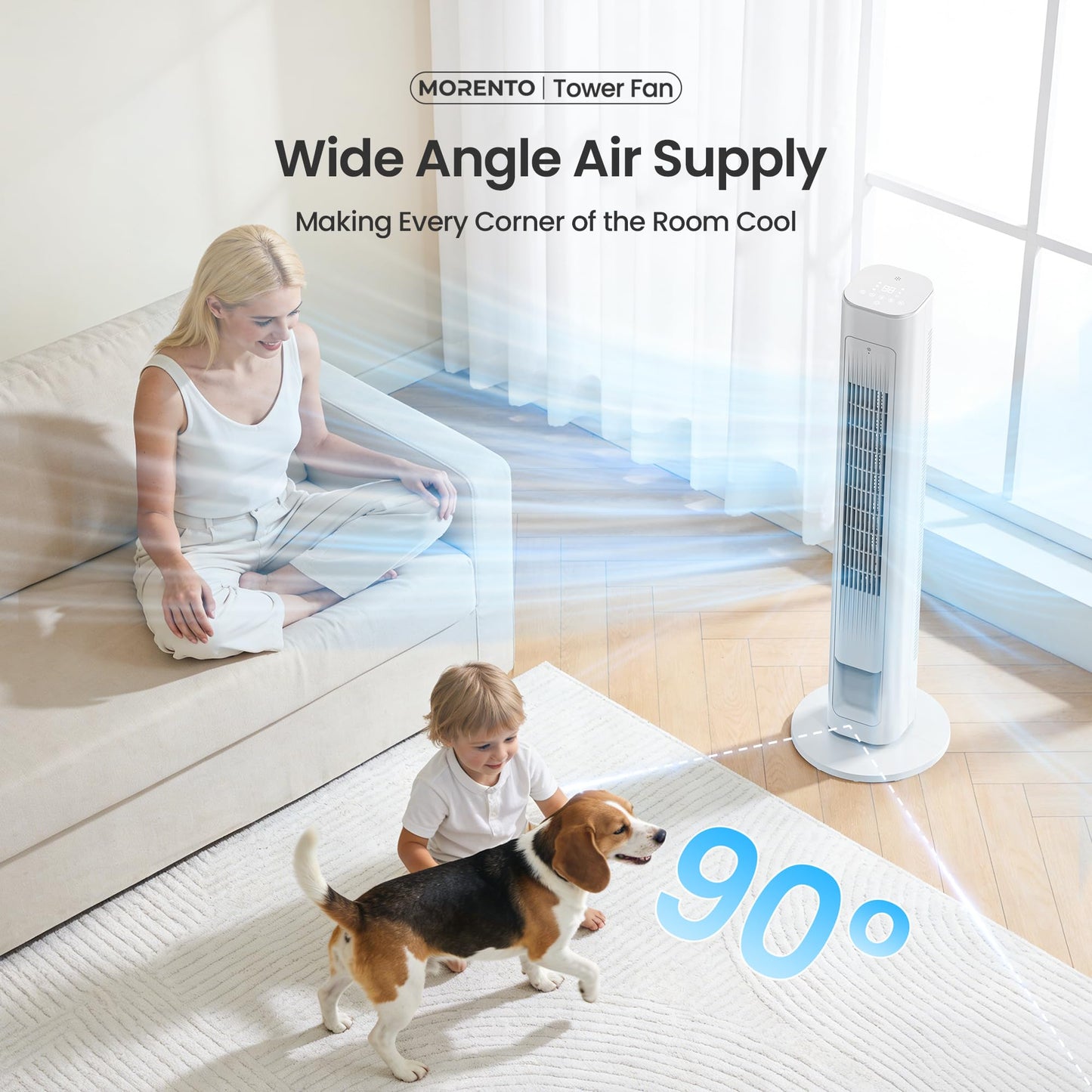 MORENTO Tower Fan for Bedroom, 2026 Upgraded 90° Oscillating 43" Standing Fan with 4 Speeds, 4 Modes, 25ft/s Velocity Bladeless Fan with APP/Voice/Remote/Touch Control, 28dB, 12H Timer, White 1Pack