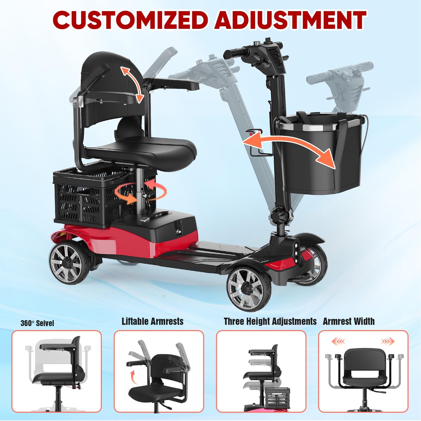BIQISSI Mobility Scooter for Adults, 4 Wheel Motorized Mobility Scooter w/Storage Basket, 350LBS Capacity & Detachable Battery, 15Miles Electric Powered Mobility for Outdoor (Red, 15 MI-5)