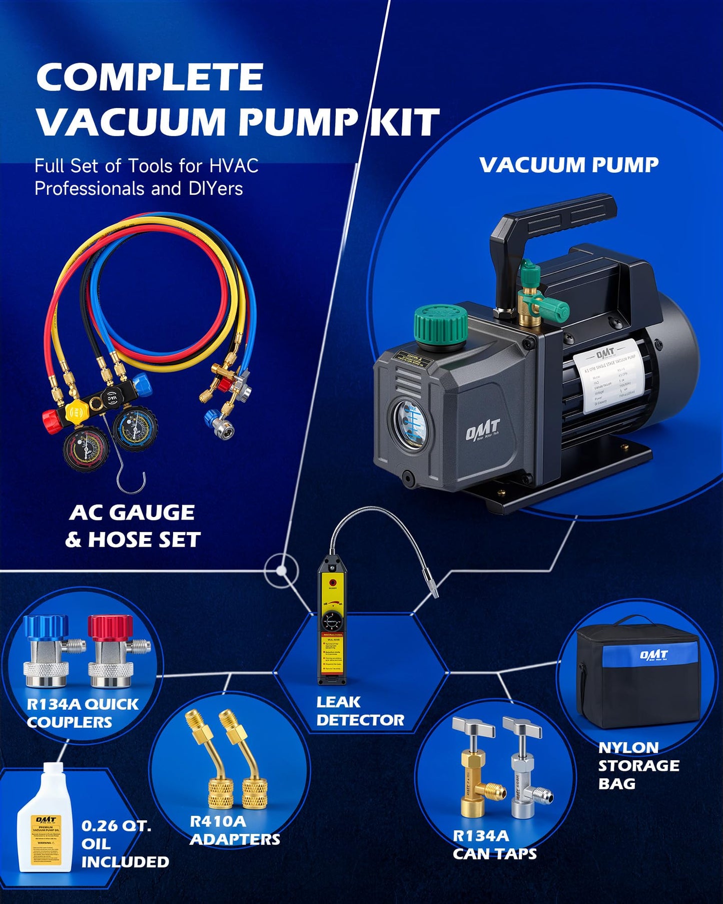 Orion Motor Tech AC Vacuum Pump and Gauge Set, 1/3 HP 4.5 CFM HVAC Vacuum Pump Kit with Leak Detector, 4 Hoses & Manifold Gauge for R134a R22 R410a, A/C Vacuum Pump Kit for Auto & Home HVAC Systems