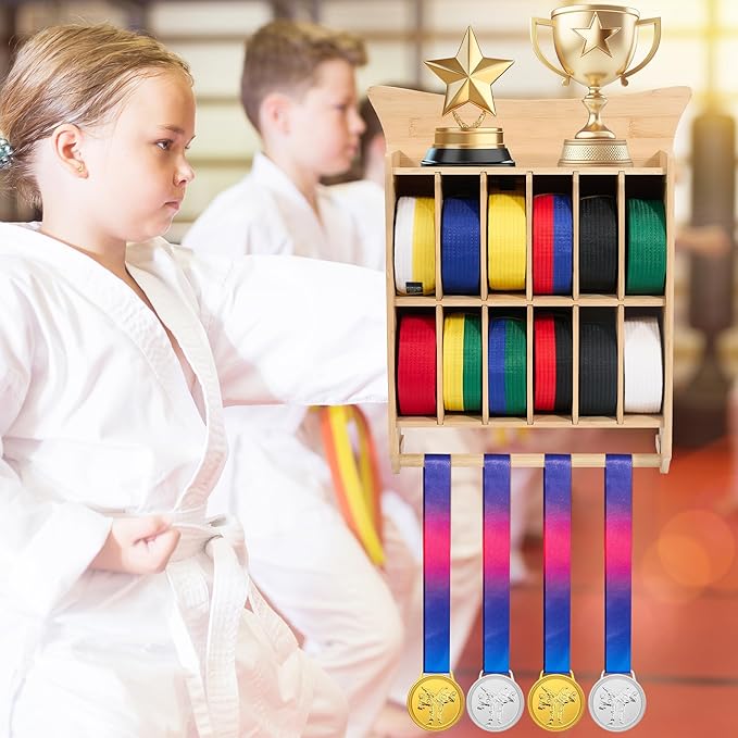 GENMOUS Karate 12 Belts Display Rack for Kids and Adults, Any Trophy and Medal Organizer, Wall Mounted Taekwondo or Martial Arts Belts Storage, Ideal Achievement Showcase for Home Dojo Decoration