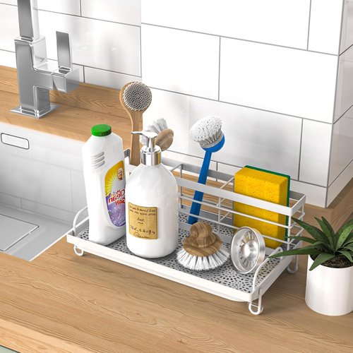 Cisily Kitchen Sink Caddy Organizer - Rustproof Non-Slip Soap Dish & Sponge Holder | Essential Home Accessory (White)