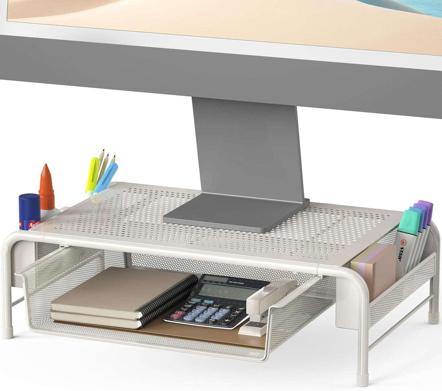 White Metal Monitor Stand with Organizer Drawer - Simple Houseware