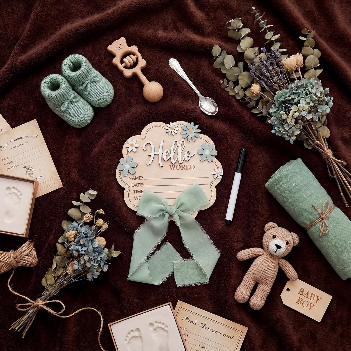 Amyhill Sage Green Bow Hello World Newborn Baby Sign Flower Baby Birth Announcement Sign with Pen Newborn Essentials