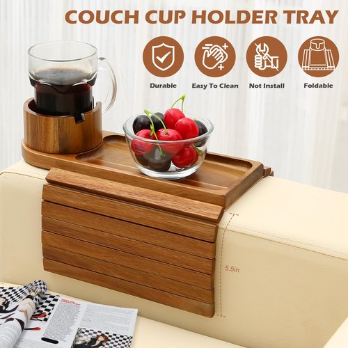 BAMTRAY Couch Cup Holder Tray, 15.75" Acacia Wood Couch Armrest Table, 3 in 1 Foldable Sofa Clip on Side Table with 360° Phone Stand, Armrest Tray for Coffee Snacks