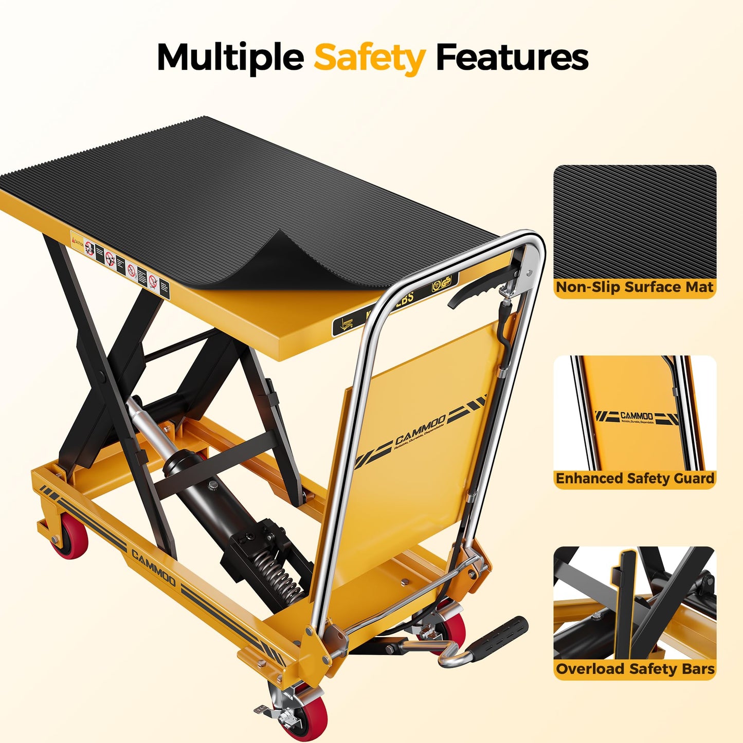 CAMMOO Foldable Hydraulic Lift Table Cart, 500lbs Capacity, 28.5" Lifting Height, Single Scissor Lift with Non-Slip Pad & Thickened Scissors Design for Material Handling and Transportation, Yellow