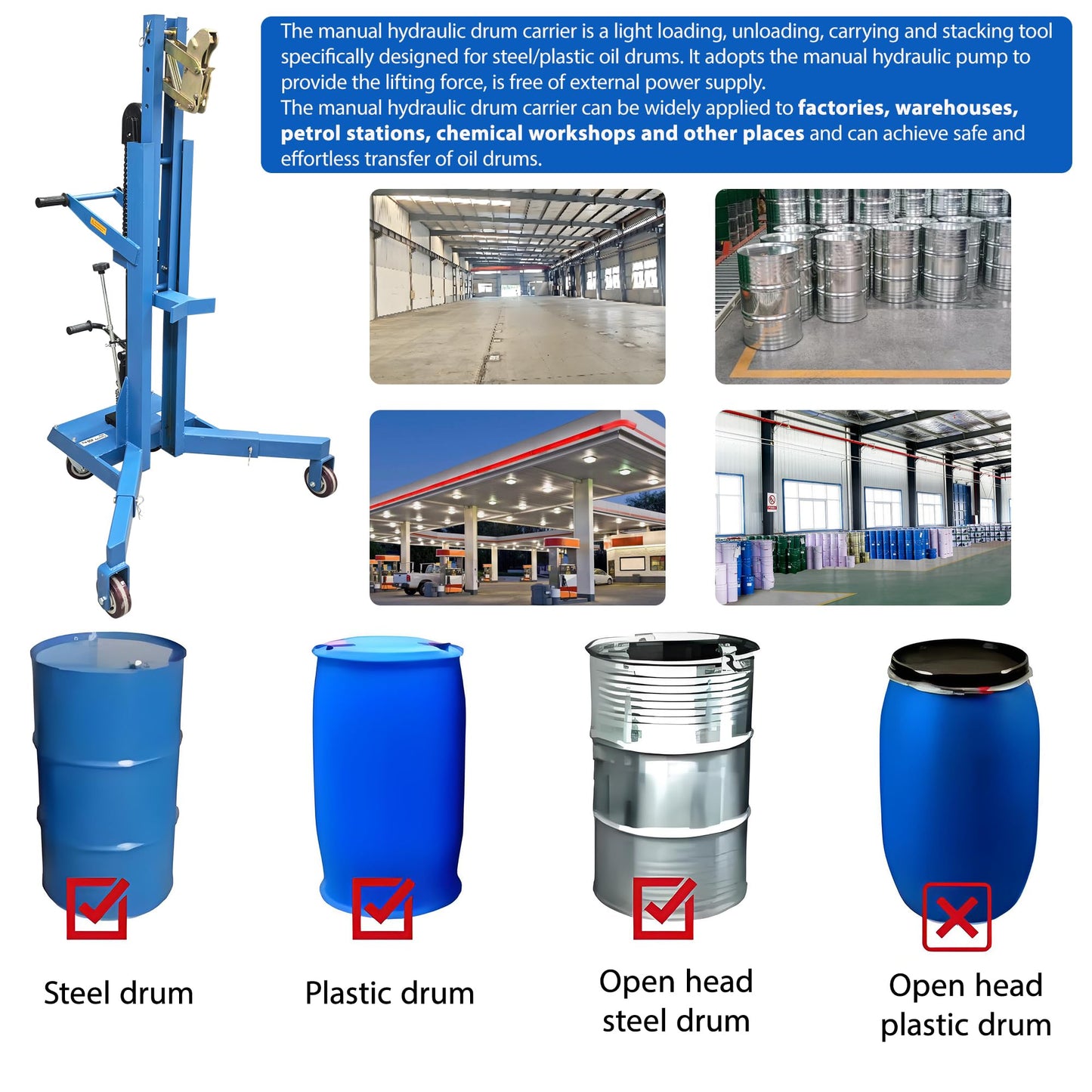 HayWHNKN Manual Hydraulic Drum Handler, Drum Lift Truck with Extendable Legs for 30-55 Gal Steel/Plastic Barrels, 450kg Capacity, 19.69" Lift Height, Easy Clamp Eagle Beak, for Factories & Warehouse