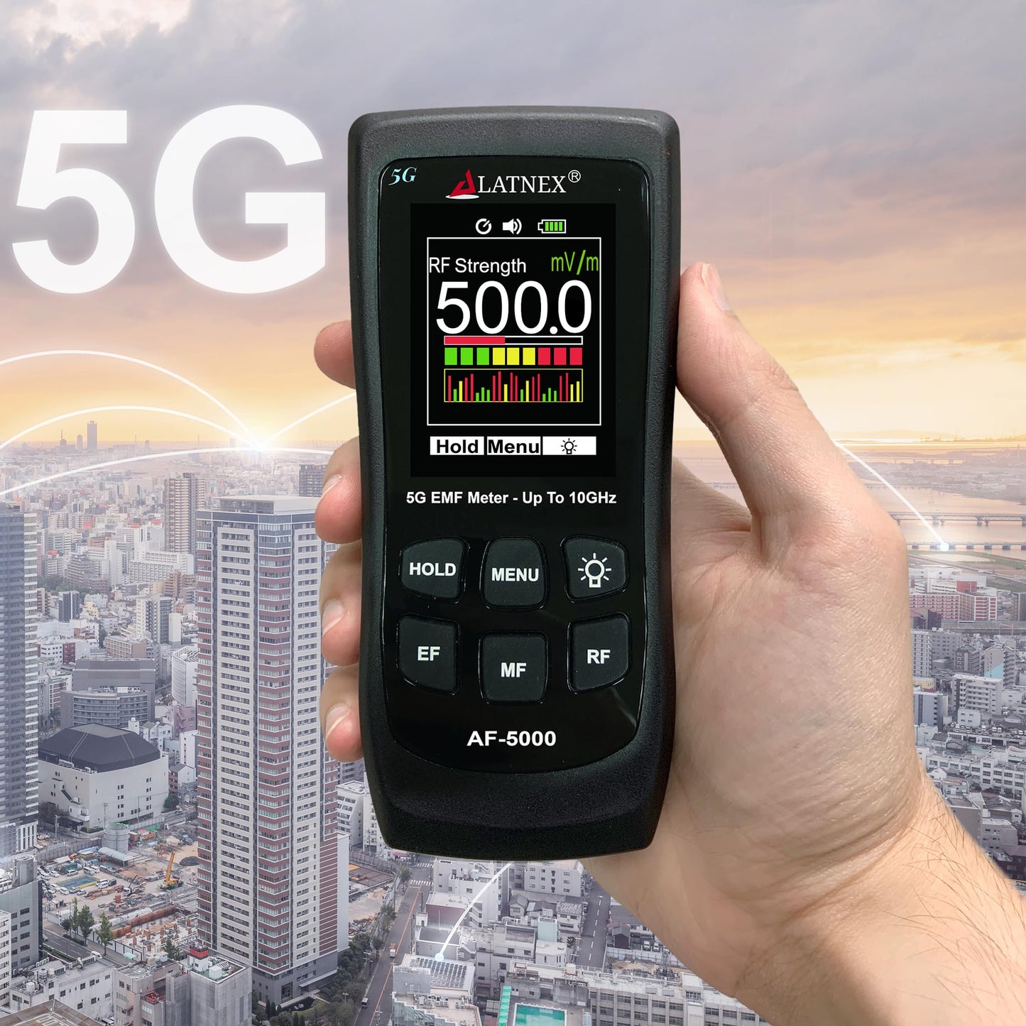 LATNEX AF-5000 5G EMF Meter with Aluminium Carrying Case and Calibration Certificate. Measures RF up to 10GHz, Magnetic Fields(Gauss), and Electrical Fields