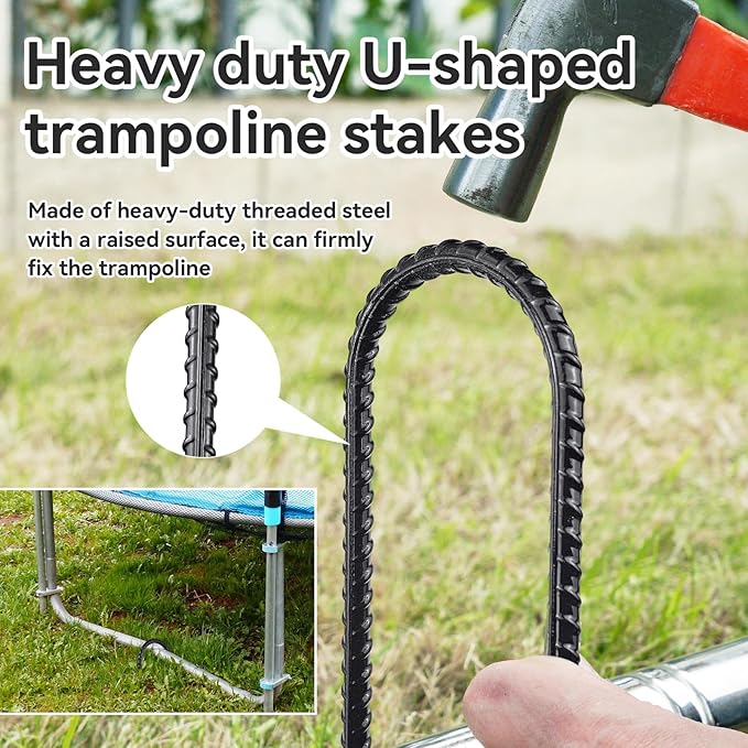 Trampoline Ground Anchors 24-Inch Heavy Duty U Rebar Stakes for Trampoline, Dog Fence, Black Antirust Coated (8 Pcs)