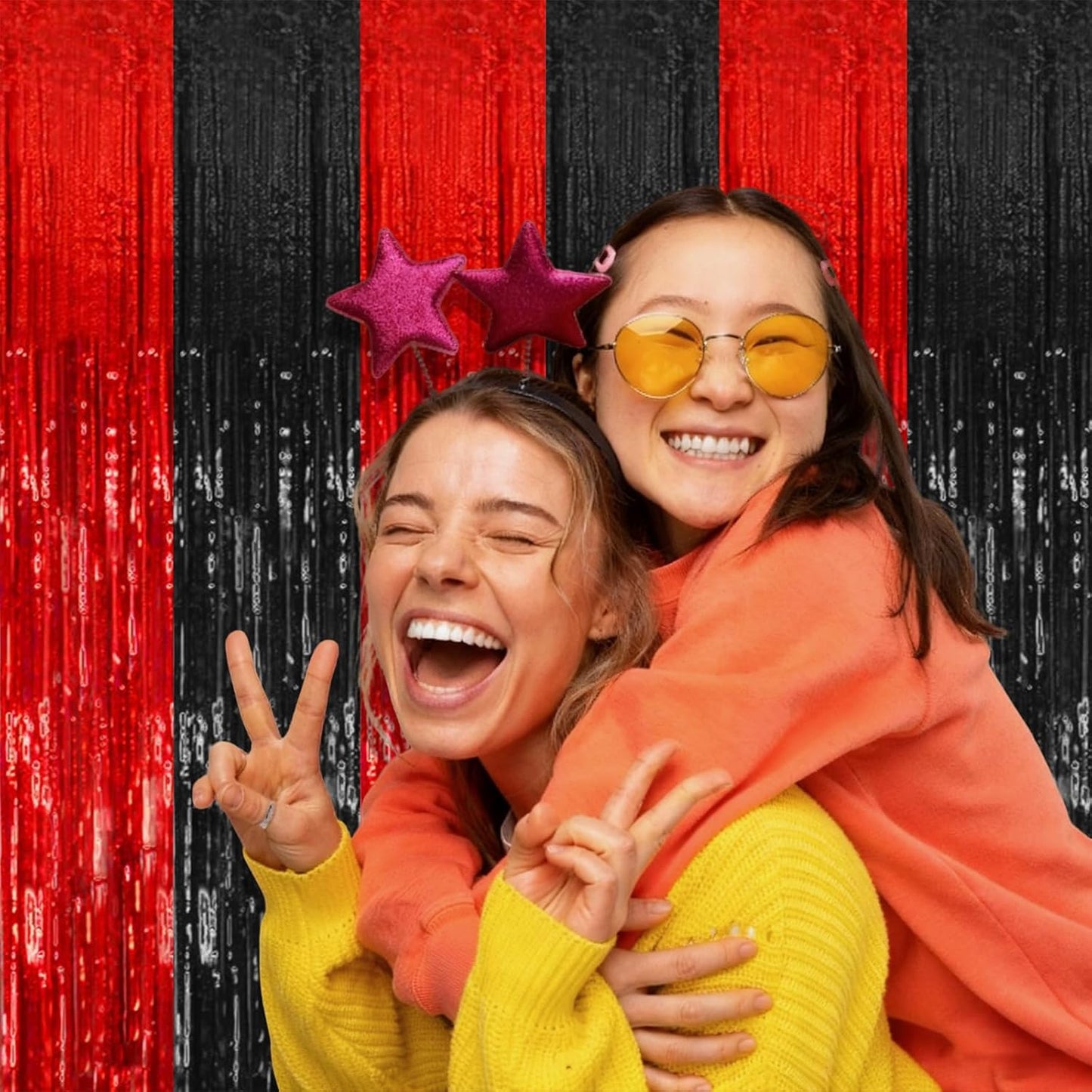 Skiennix 2-Pack Tinsel Curtain Backdrop - Black & Red Foil Fringe for Halloween & Birthday Parties