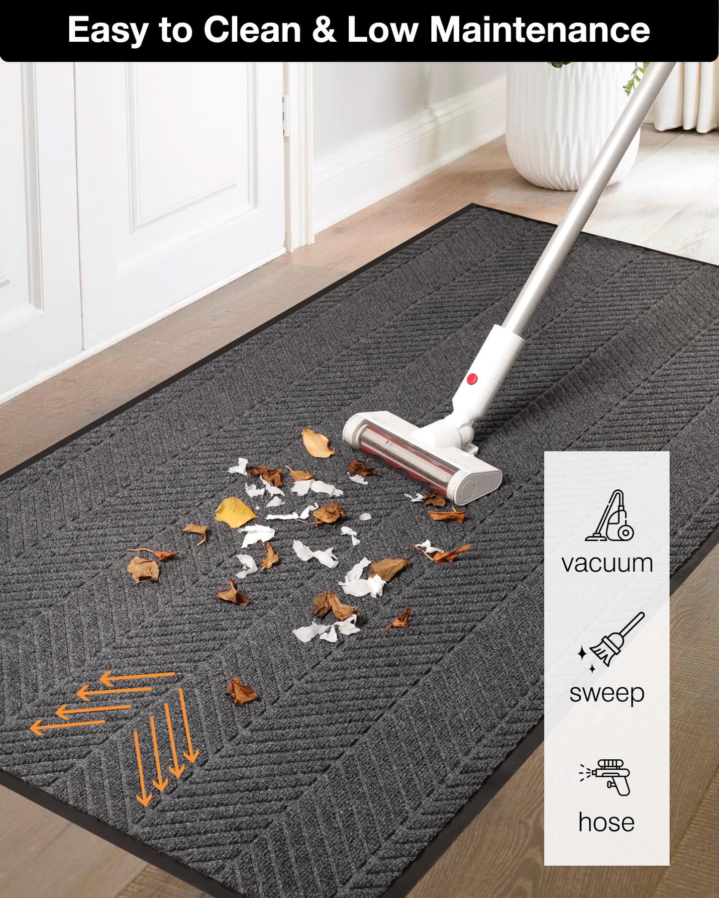 4′ x 10′ Heavy Duty Front Door Mat Indoor Outdoor Entrance, Large Non-Slip All Weather Commercial Floor Mat for Entryway, Low Profile Waterproof Vinyl Rug for House (48" x 120", Charcoal Grey)