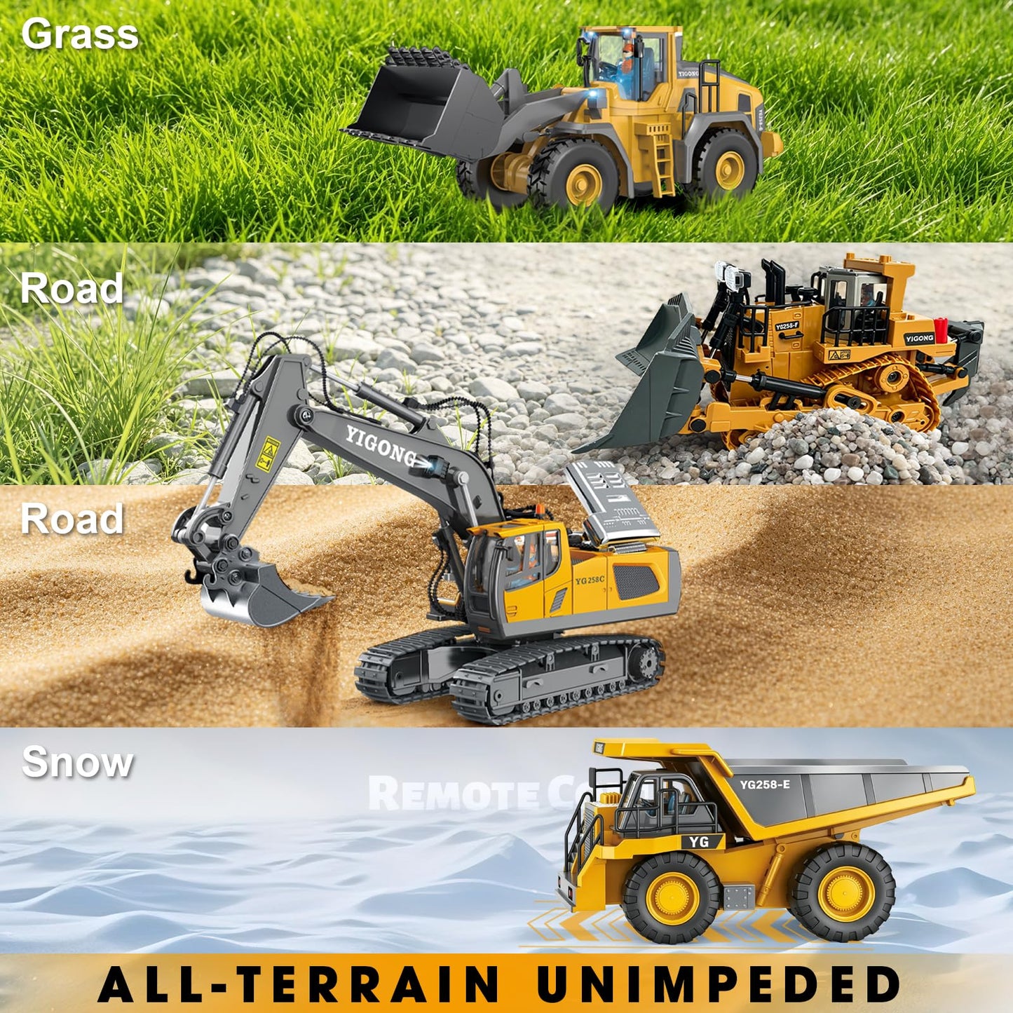 ADTHLIER Remote Control Excavator (11-Channel), Dump Truck, Bulldozer, Loader (9-Channel), 2.4GHz Remote Control Construction Vehicles, Metal Construction, with Cool Lights and Sound Effects, 4-Pcs