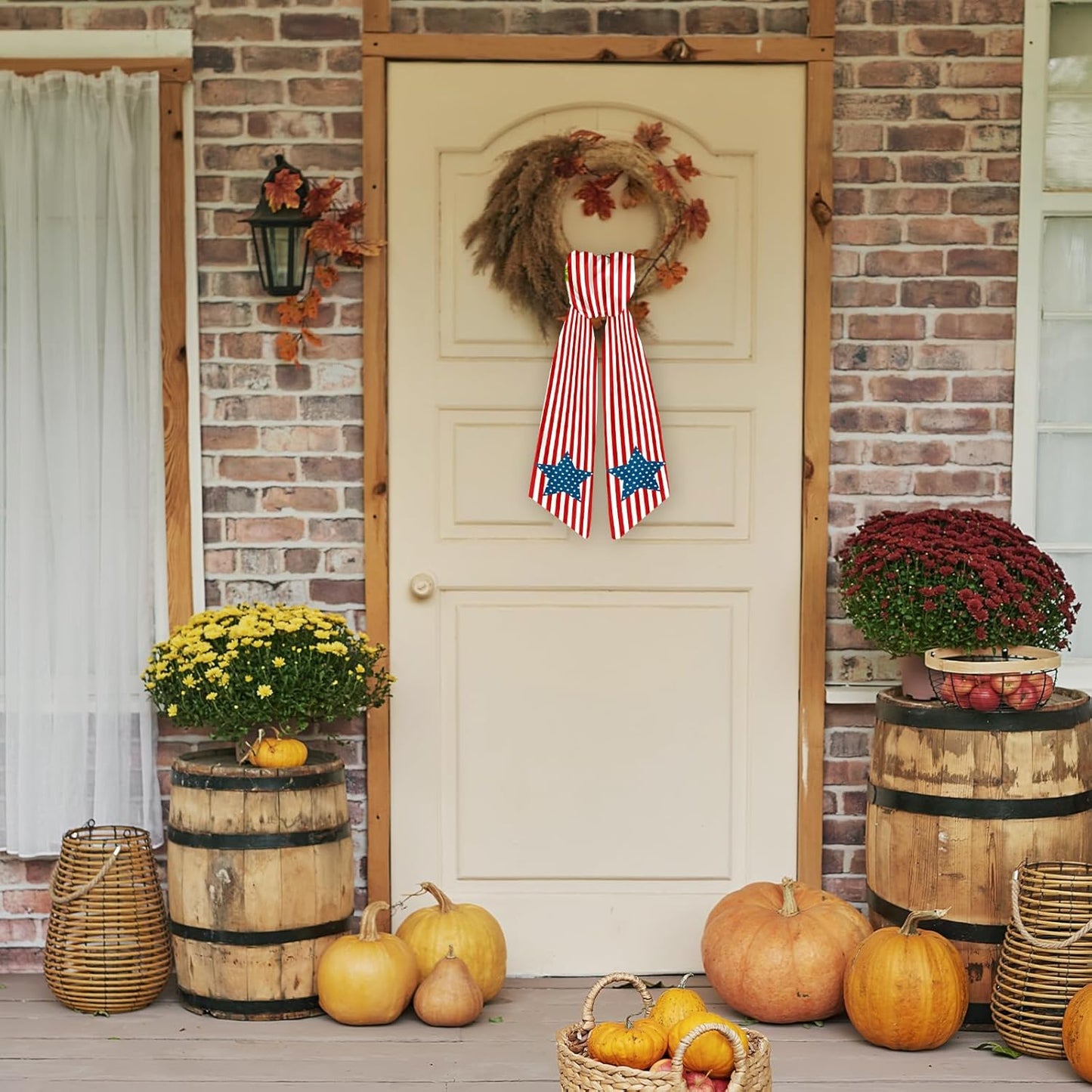 Patriotic Wreath Sash - Red White Stripe Star Design | Burlap Garland Ribbon for 4th of July Decor, 5.1 x 54.3"