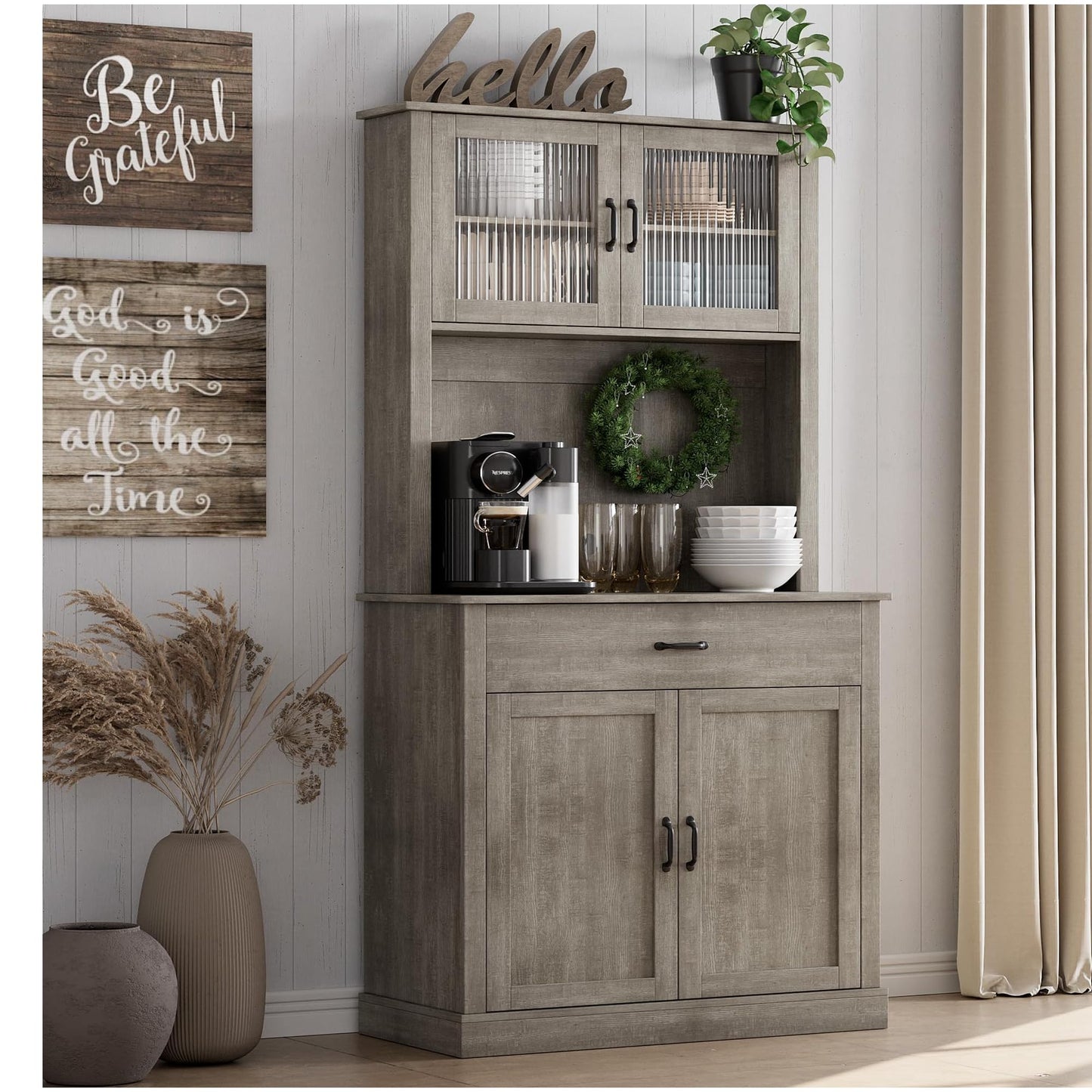IDEALHOUSE Kitchen Pantry Cabinet with Adjustable Shelf, 71" Tall Storage Cabinet with Microwave Stand, Food Pantry Cabinets for Kitchen, Dining Room, Living Room, Black