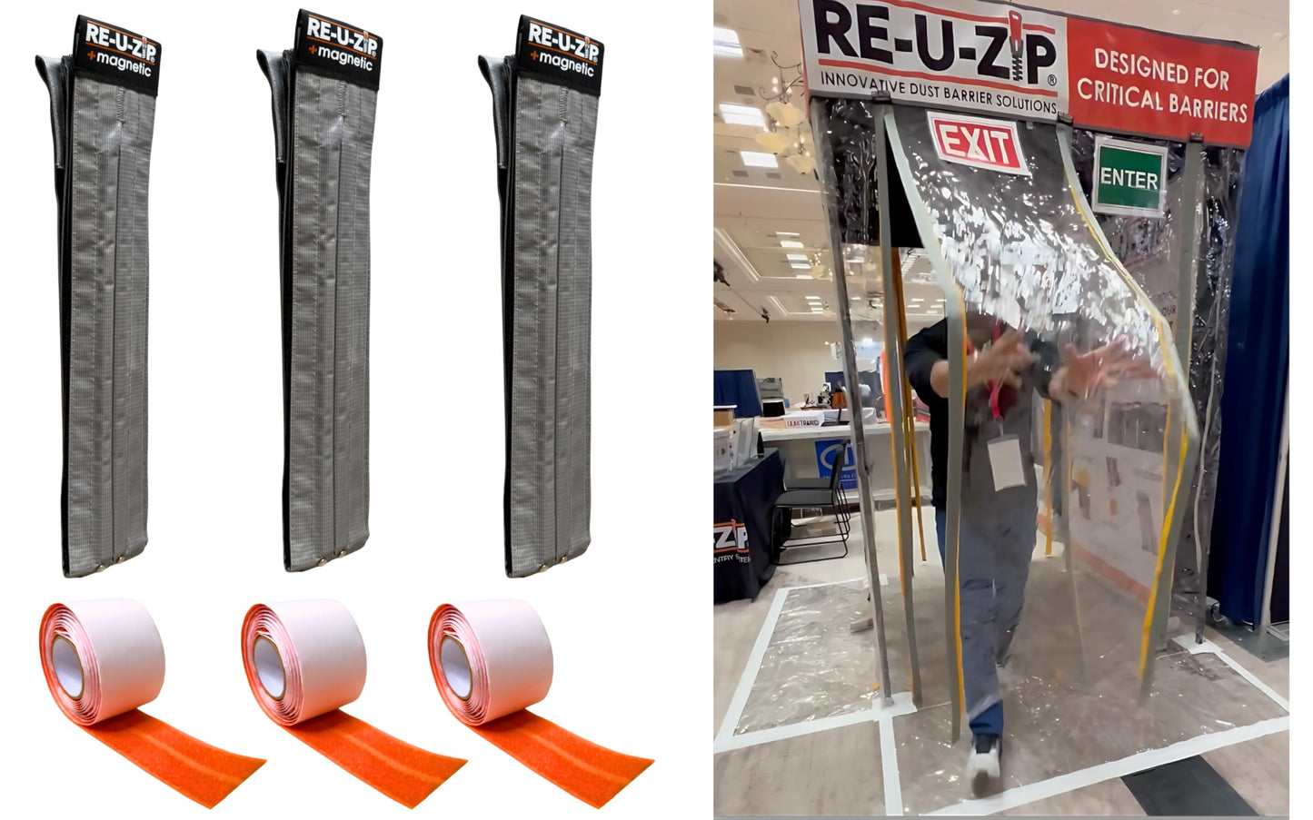 RE-U-ZIP Self-Closing Magnetic Dust Barrier Entry Strip, Hands-Free Zipper Alternative for Plastic Sheeting, Reusable, Custom Placement & Works Under Negative Air, 3-Pack