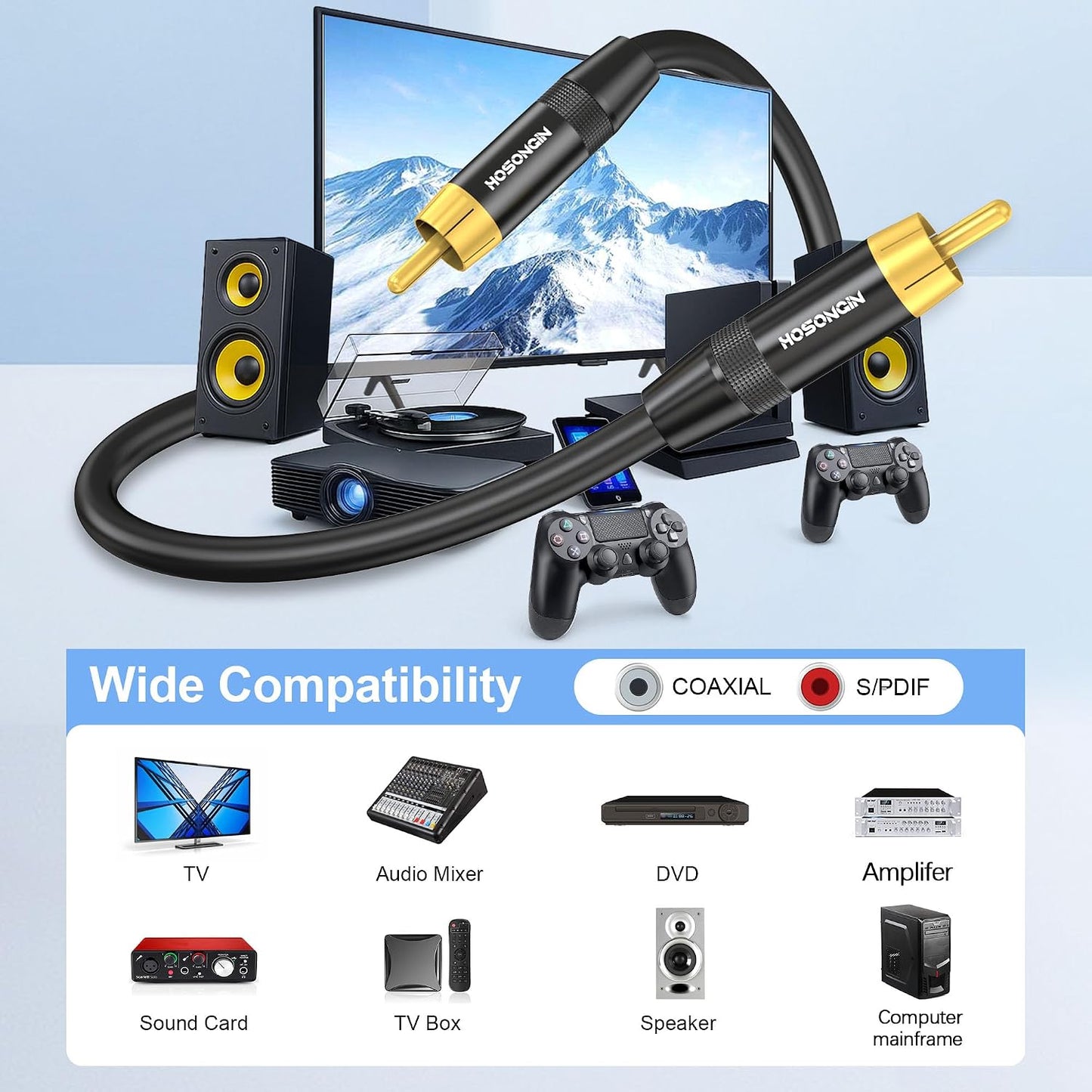 10FT, HOSONGIN RCA Subwoofer Cable RCA Male to Male Digital Coaxial Audio Cable for Home Theater, Soundbars