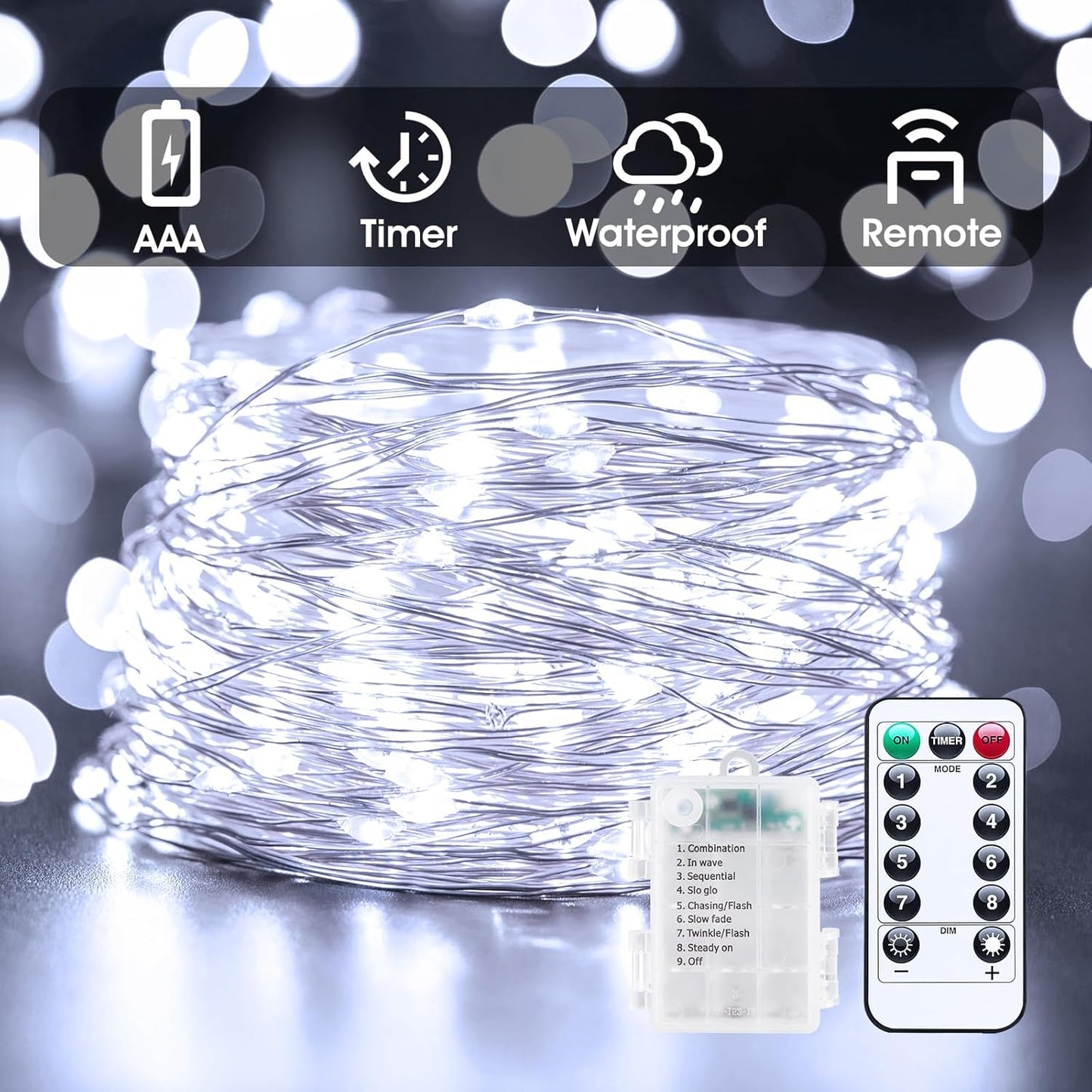 Skiennix 33Ft 100LED Outdoor String Lights - Waterproof Pure White Fairy Lights with Remote for Indoor & Outdoor Decor