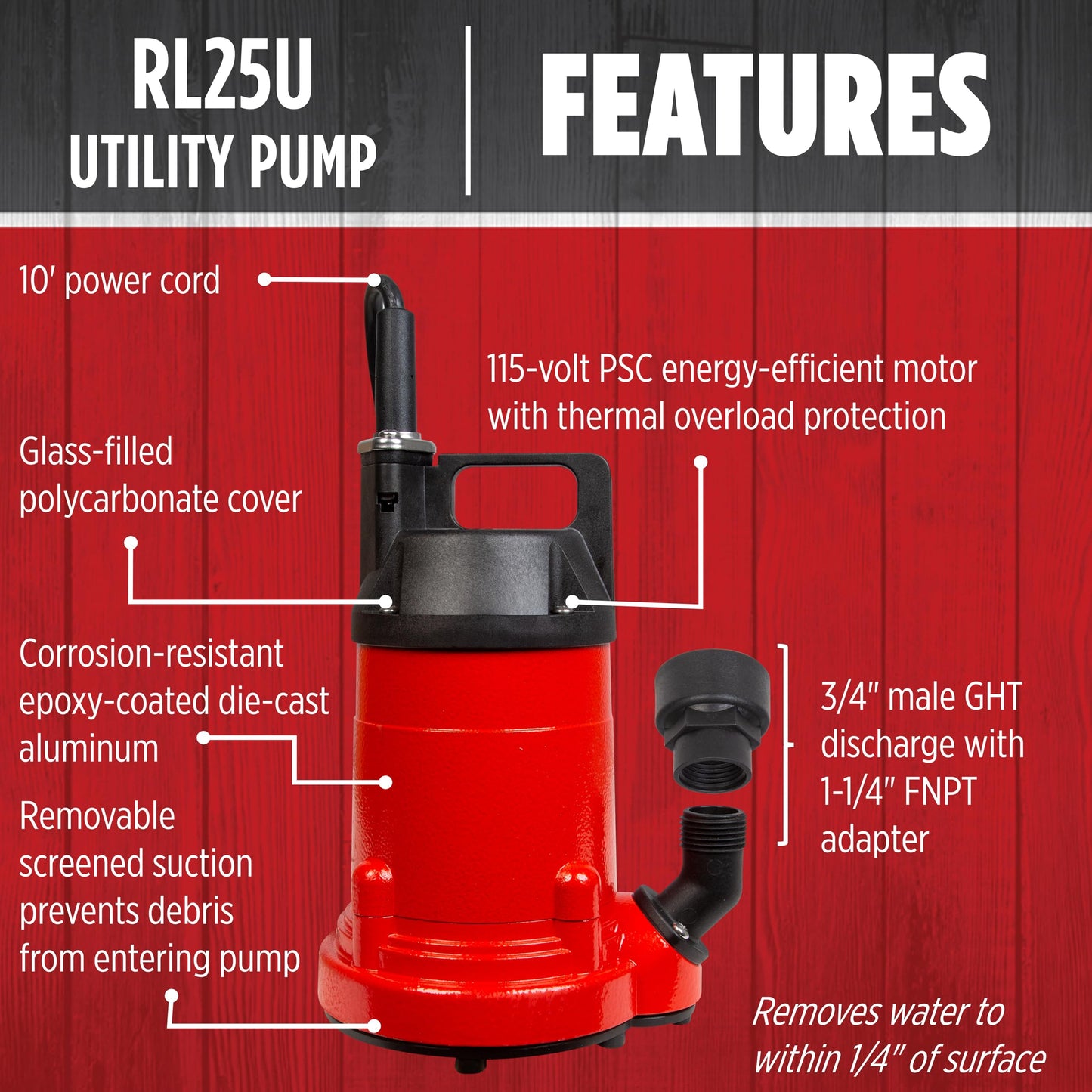 Red Lion RL25U 115 Volt, 1/4 HP, 1500 GPH Manual Aluminum Utility Pump with 10-ft. Cord, Red, 14942730