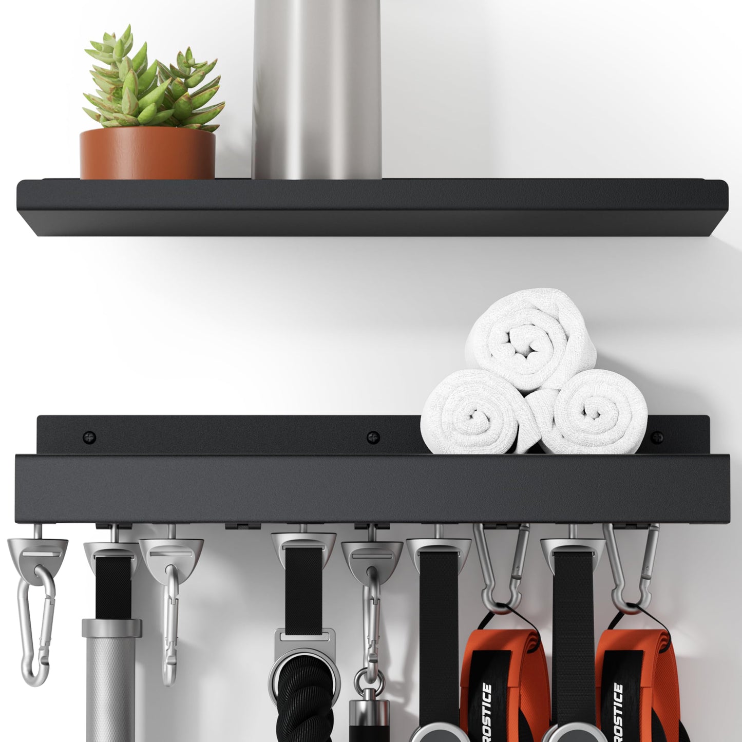 Crostice 2-Tier Metal Shelf Compatible with Tonal Accessories, Floating Shelf Organizer for Home Gym Storage, T-Locks Adapter Bracket Hanger, Gym Rack Wall Mounted with Hooks, Workout Storage Holder