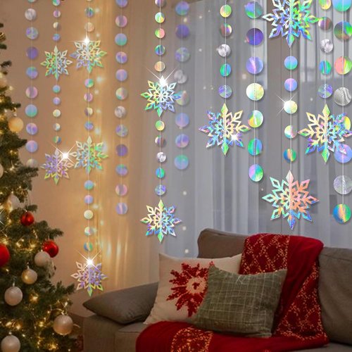 Cheerland Iridescent Snowflake Garland - Holographic Winter Wonderland Decor for Parties