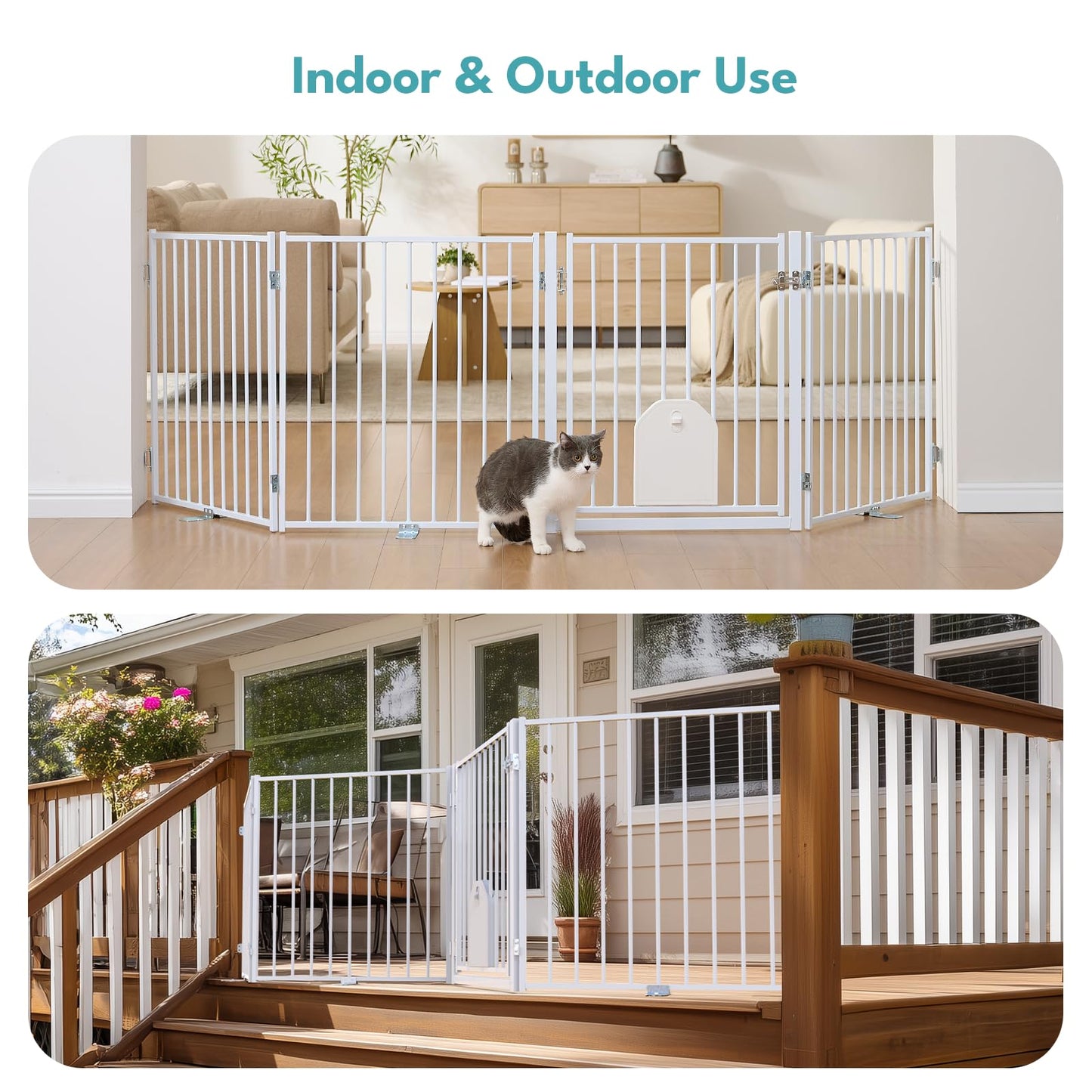No Pawblems Free Standing Dog Gate with Cat Door, 30'' Tall Foldable Dog Fence for Indoor & Outdoor, Up to 156 Inch Extra Wide Puppy Gate for Stairs, Hallways, Doorways, Deck, Yard (White, 6 Panels)