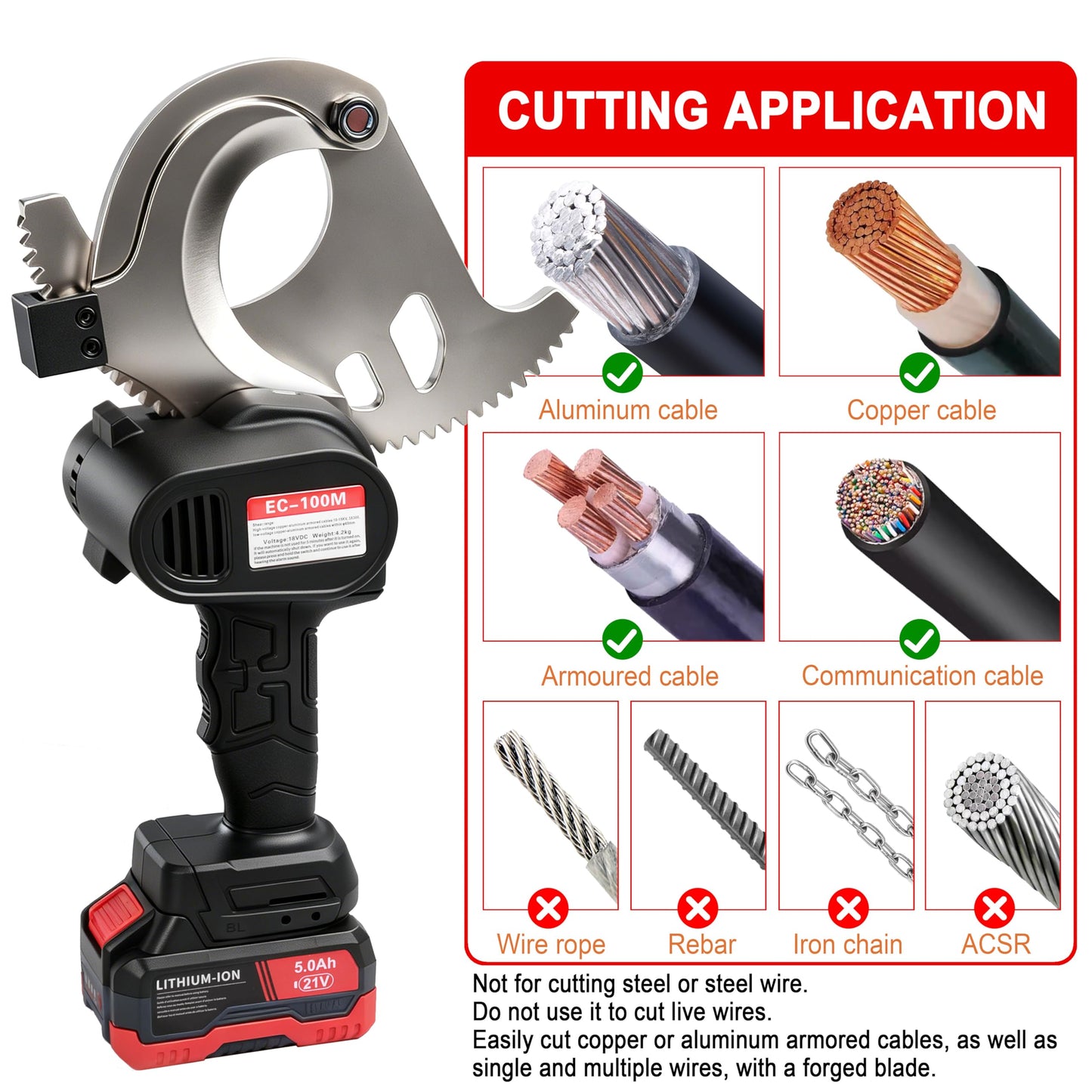 4” Battery Ratcheting Cable Cutters 21V 10lbs Cordless Electric Portable Heavy Duty Cable Cutting for Diameter Communications, Armored, Lead Sheath, Copper, Aluminum Cables