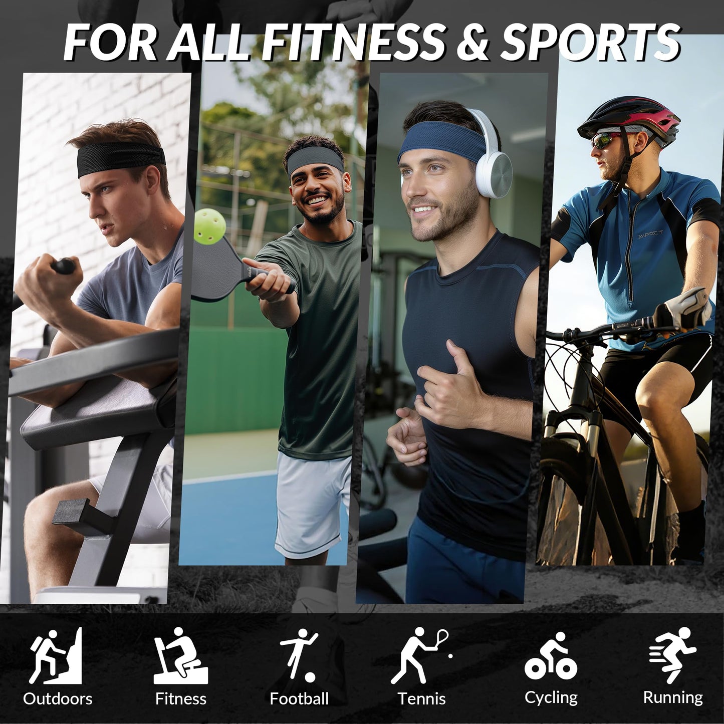Sukeen Sports Headbands for Men 4 Pack, Moisture Wicking Sweat Bands Headbands Non-Slip, Breathable Elastic Sweatband, Running Headband for Yoga Tennis Fitness Workout, Black/Dark Gray/Dark Blue/Gray