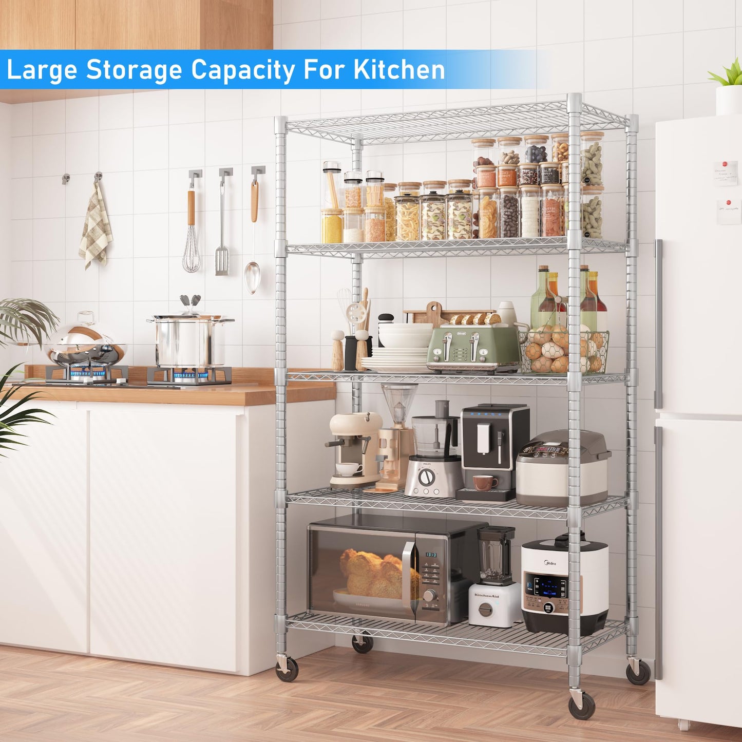 Homdox Heavy Duty Storage Shelves, 5 Tier Wire Shelving Unit with Wheels, Commercial Adjustable Metal Shelves for Storage, Garage Rack Pantry Shelves Kitchen Shelving, 18"x36"x82", Chrome