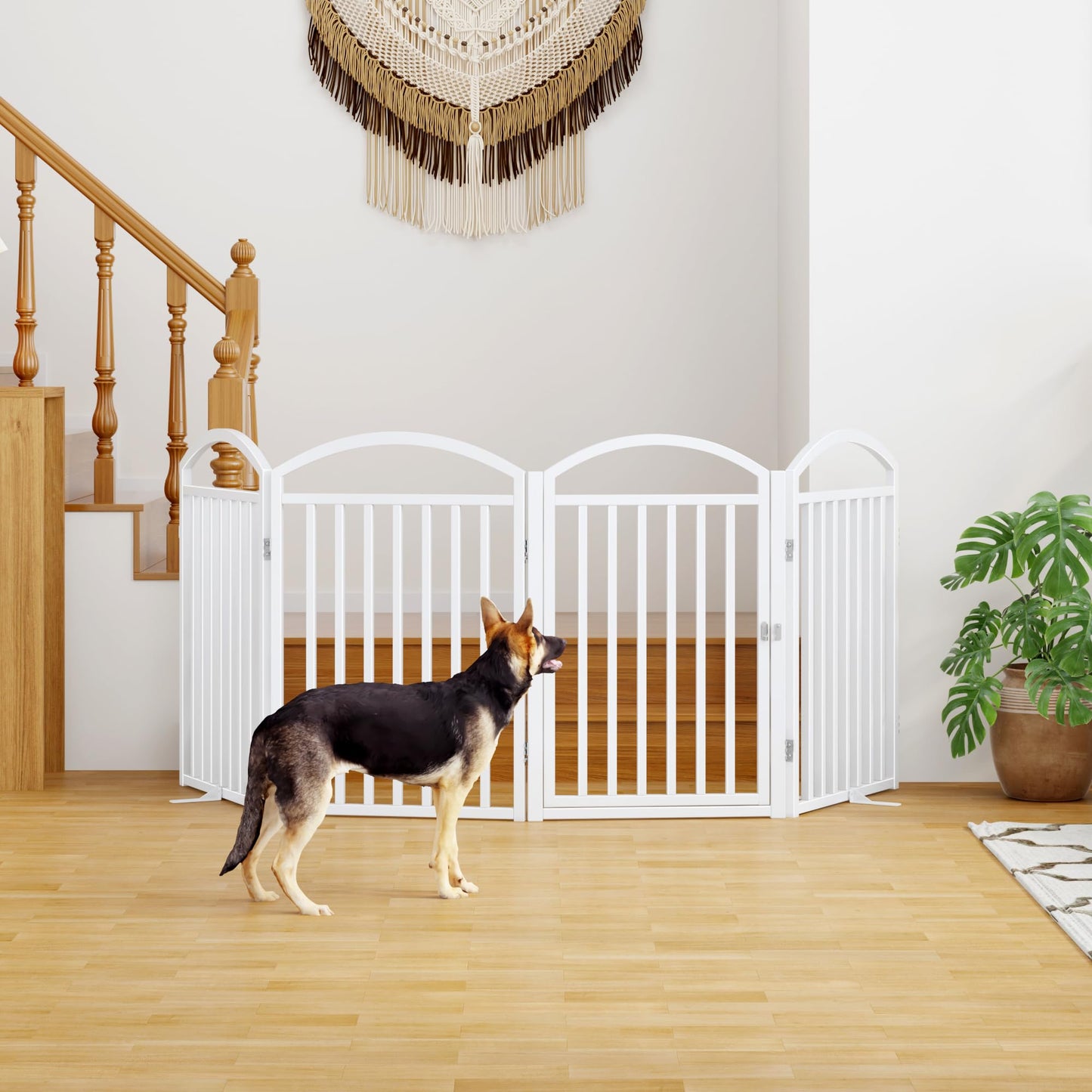 THKKY Folding No-Assembly Freestanding Dog Gate with Door,32" Heights Foldable Pet Fence,96" Extra Wide Accordion Puppy Folding Playpen for Doorways,House,Stairs (4 Panels,White)